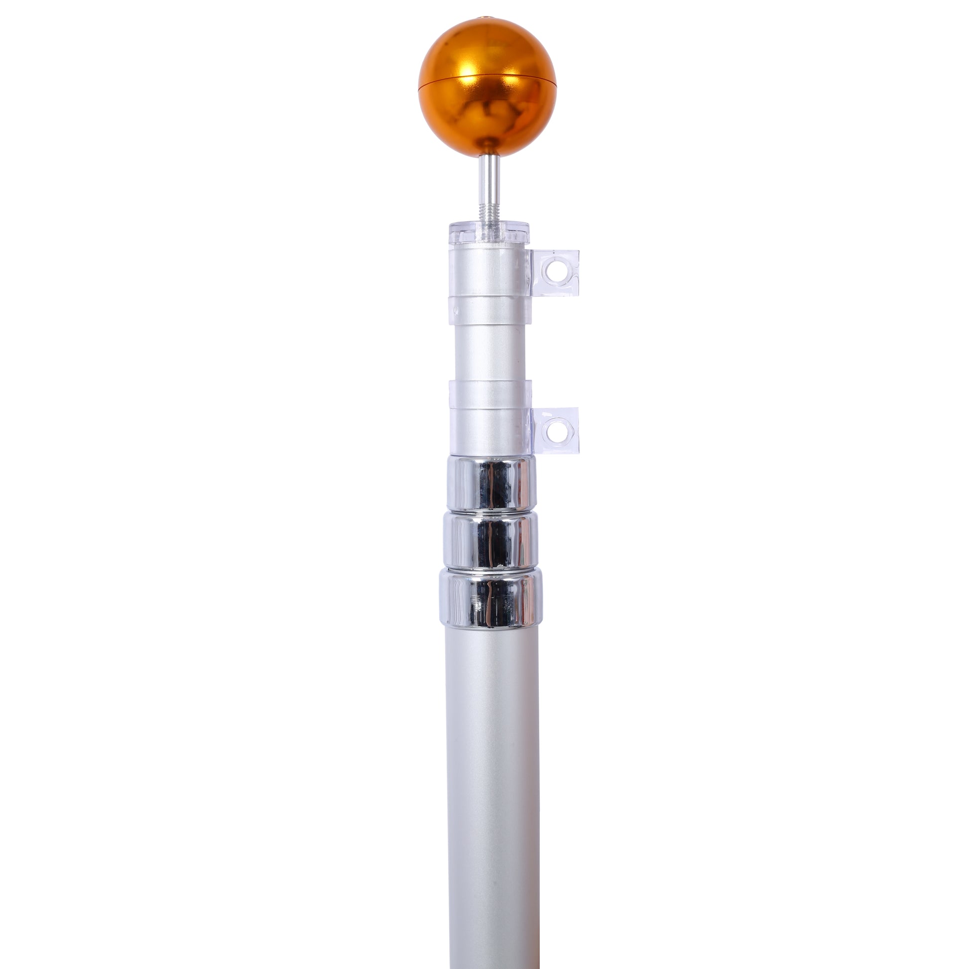 Silver telescoping flagpole with gold finial and clear bracket clips