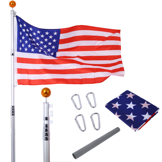 Waving US flag on silver telescoping pole with gold finial and accessories