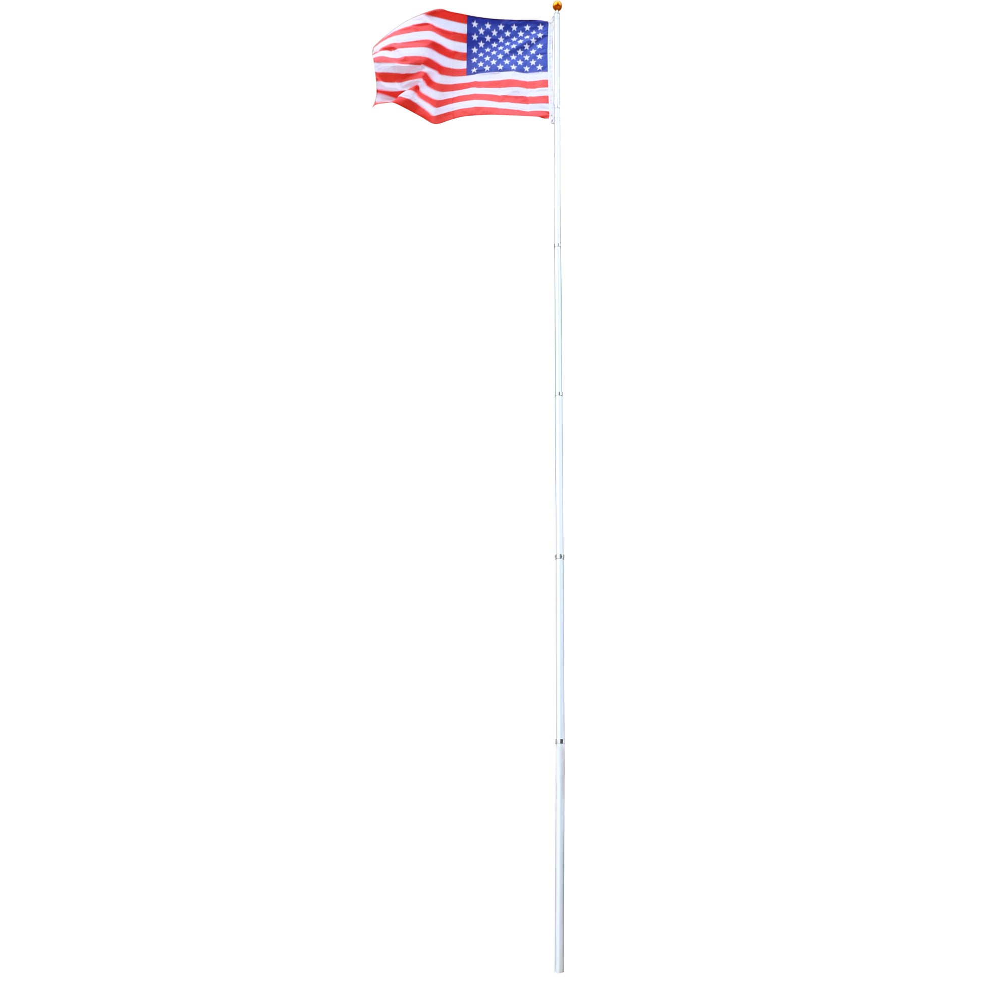 Adjustable white aluminum flag pole with an American flag waving