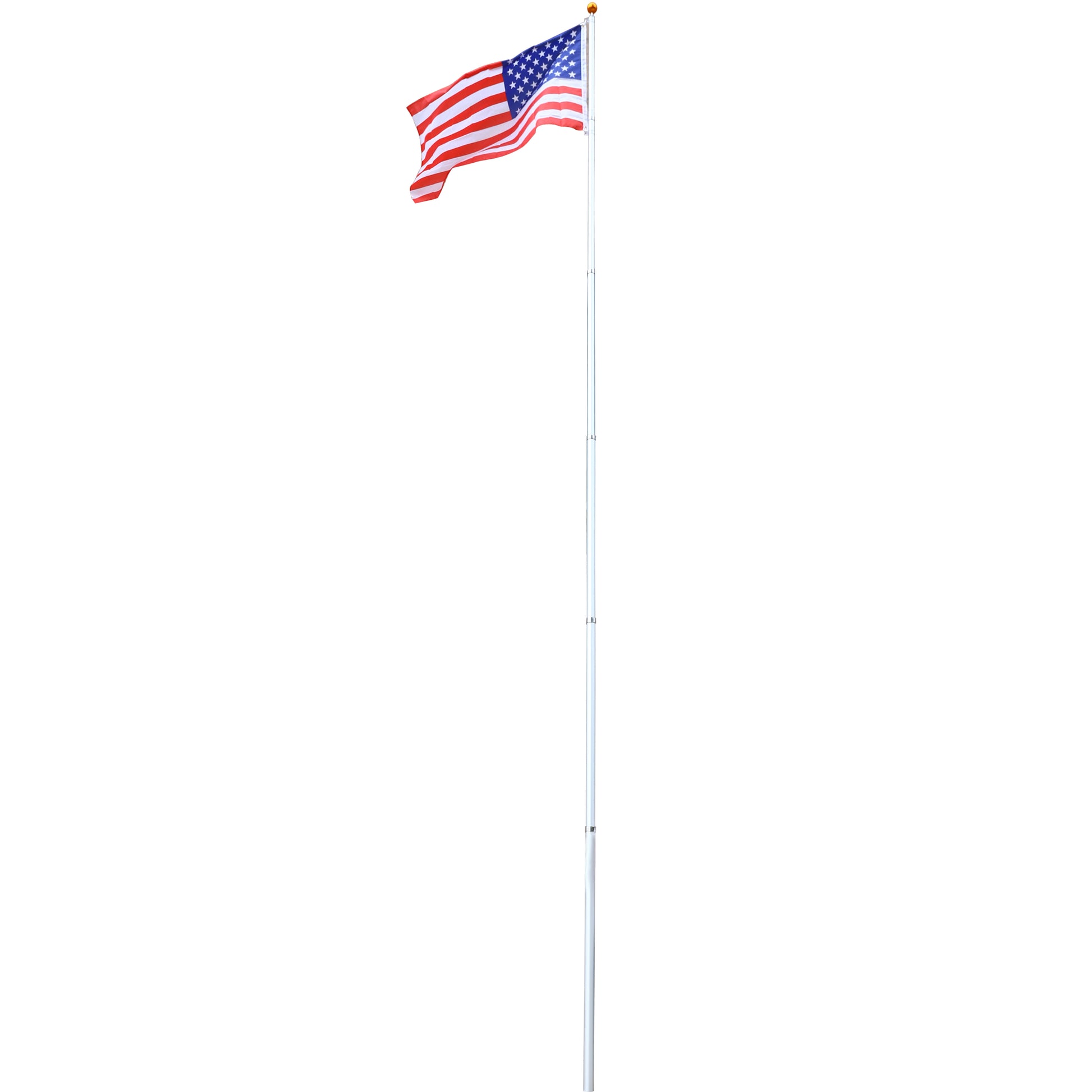 Durable aluminum outdoor flagpole with flying American flag and gold ball topper
