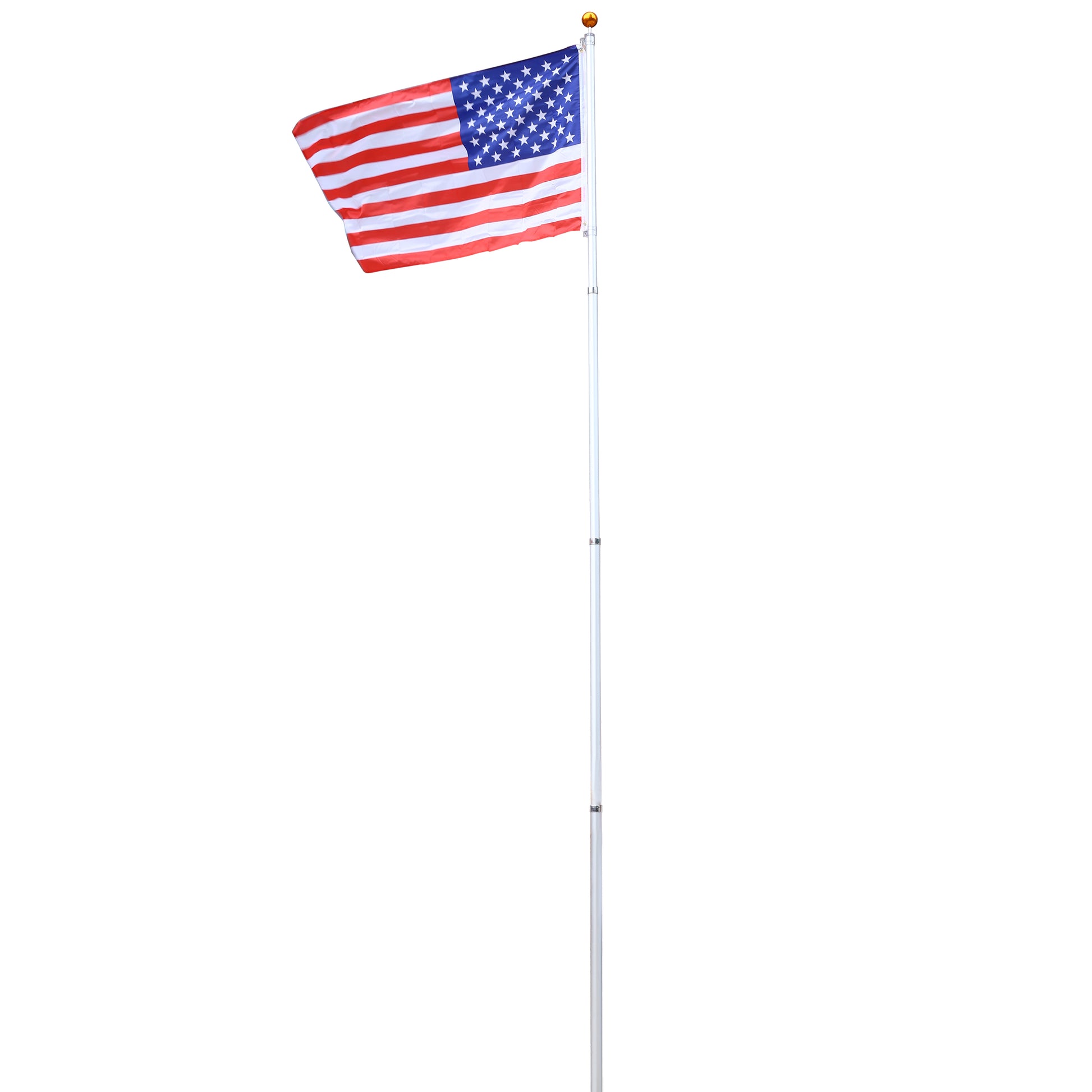 Adjustable aluminum flagpole with American flag and gold ball topper