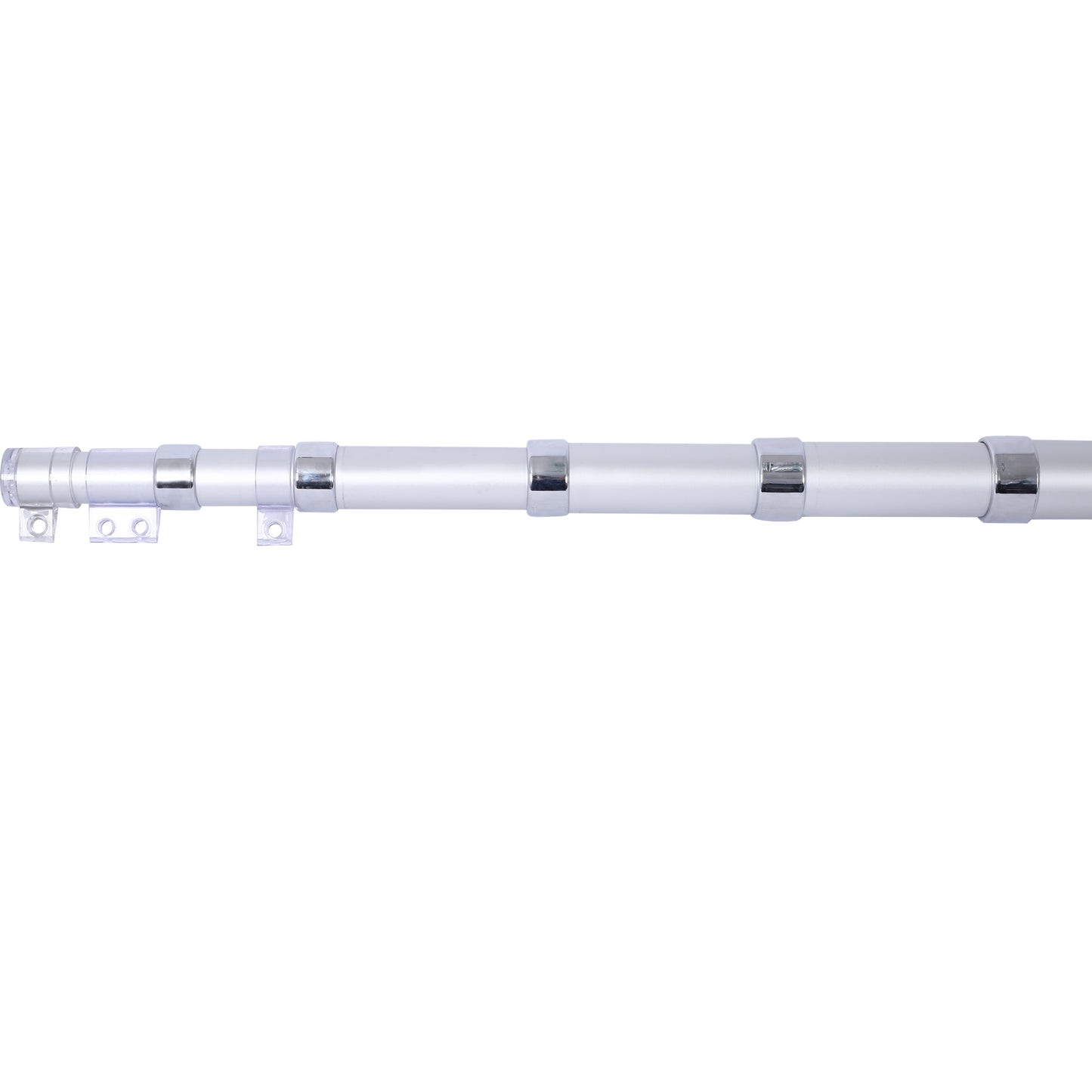 Sleek silver curtain rod with chrome accents and clear mounting brackets for modern window treatments