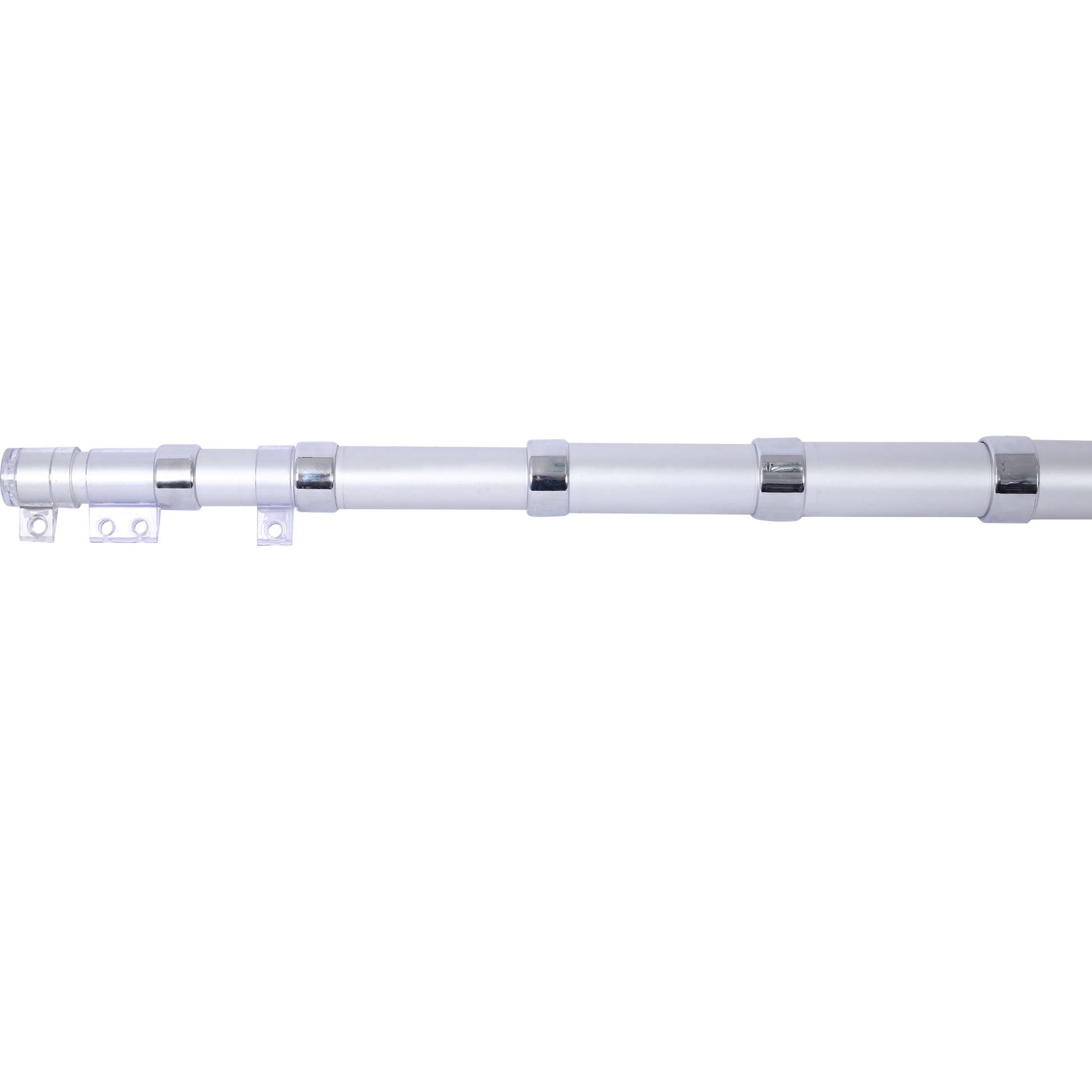 Sleek silver curtain rod with chrome accents and clear mounting brackets for modern window treatments