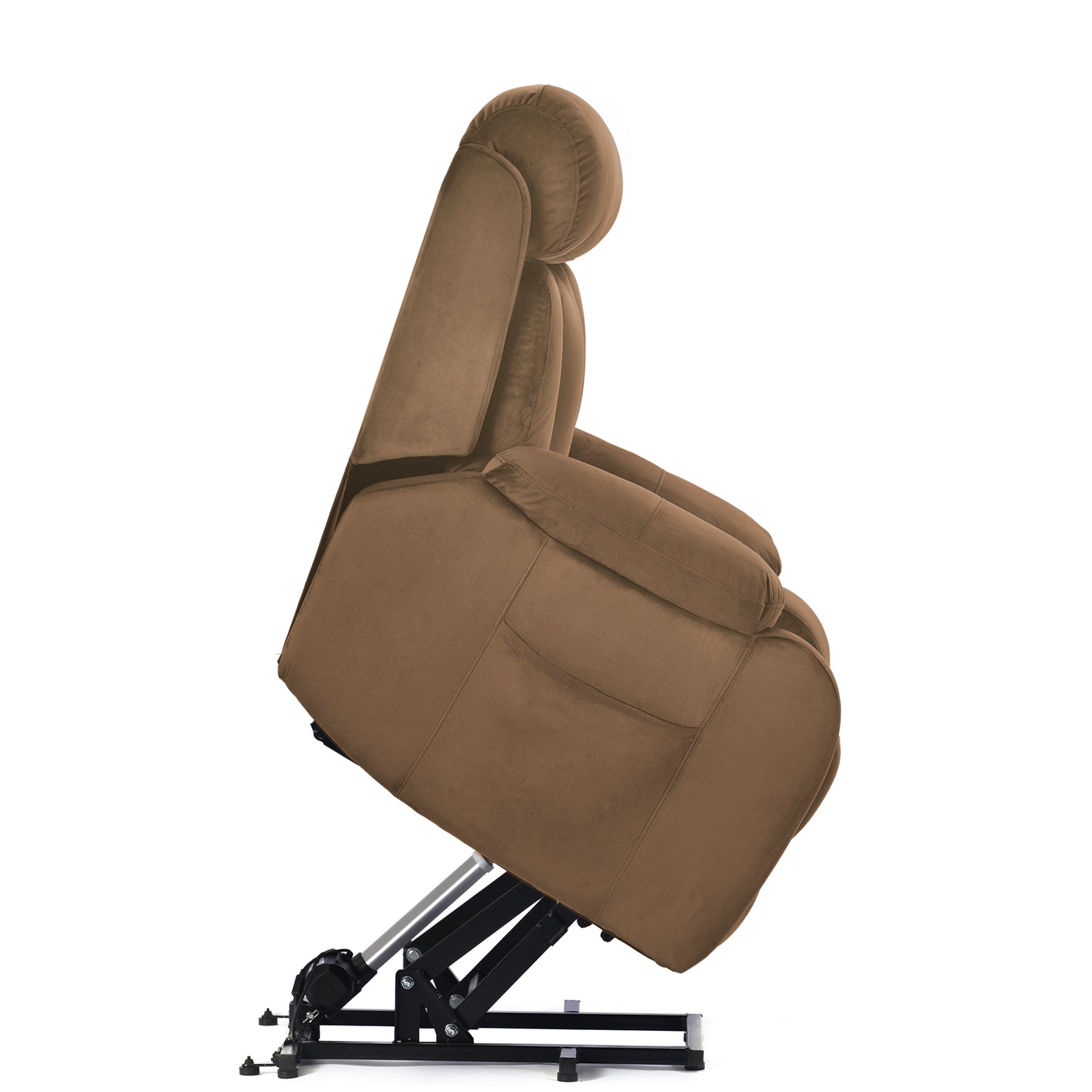 Brown suede lift recliner with padded headrest and armrests for ultimate comfort