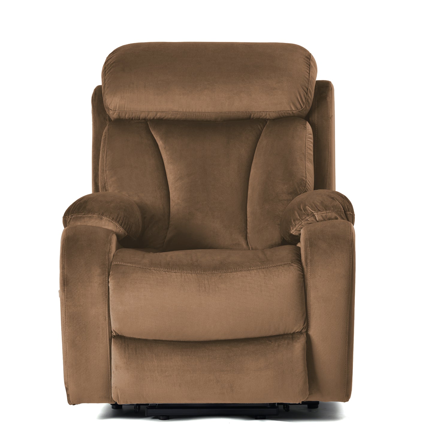 Plush brown velvet recliner chair with padded headrest and armrests for ultimate relaxation