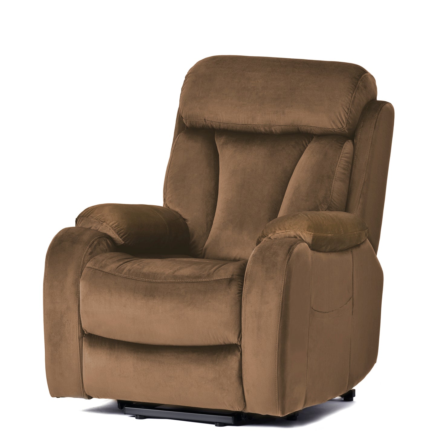 Plush brown velvet reclining chair with padded headrest and armrests for ultimate comfort