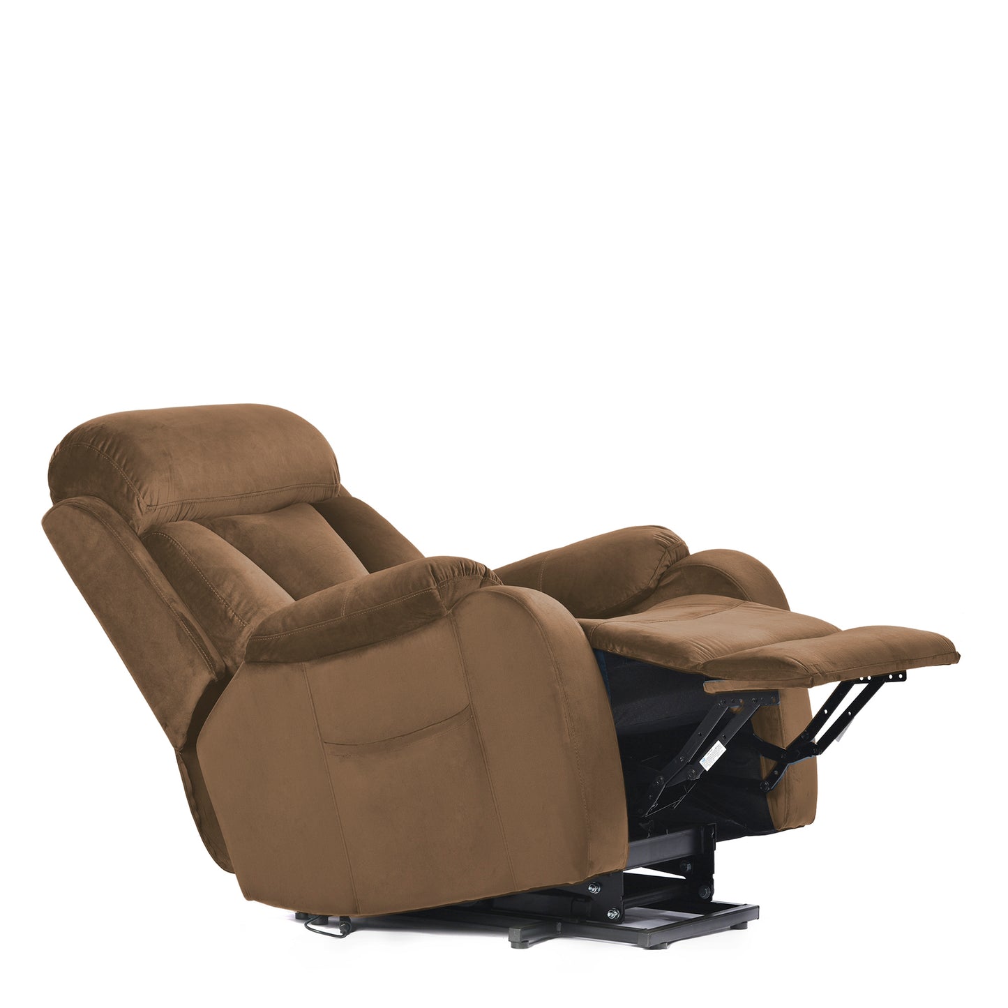 Brown velvet power recliner with extended footrest and detailed stitching perfect for home relaxation