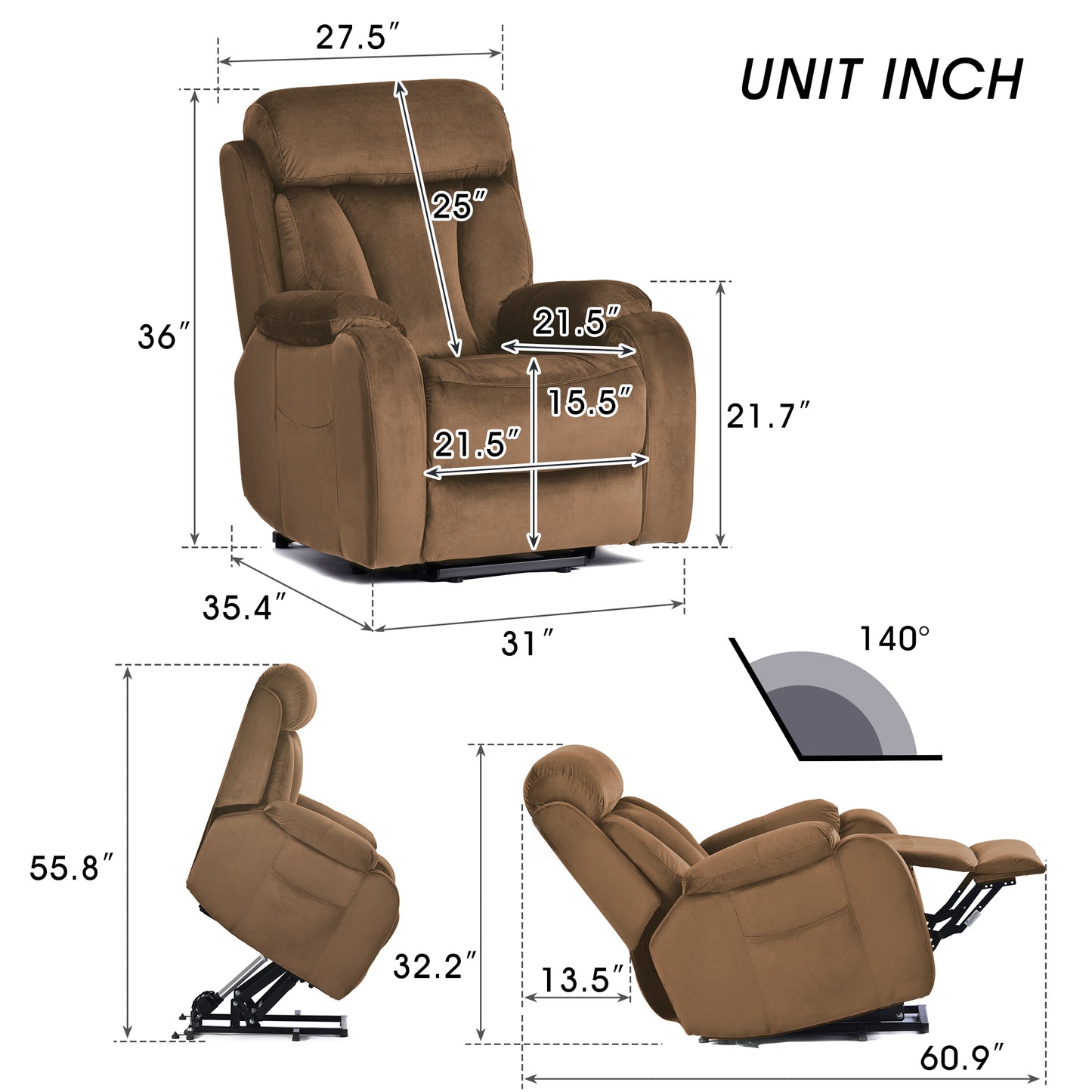 Brown velvet lift recliner with dimensions shown in inches