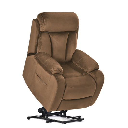Plush brown velvet recliner chair with integrated lift mechanism for easy standing
