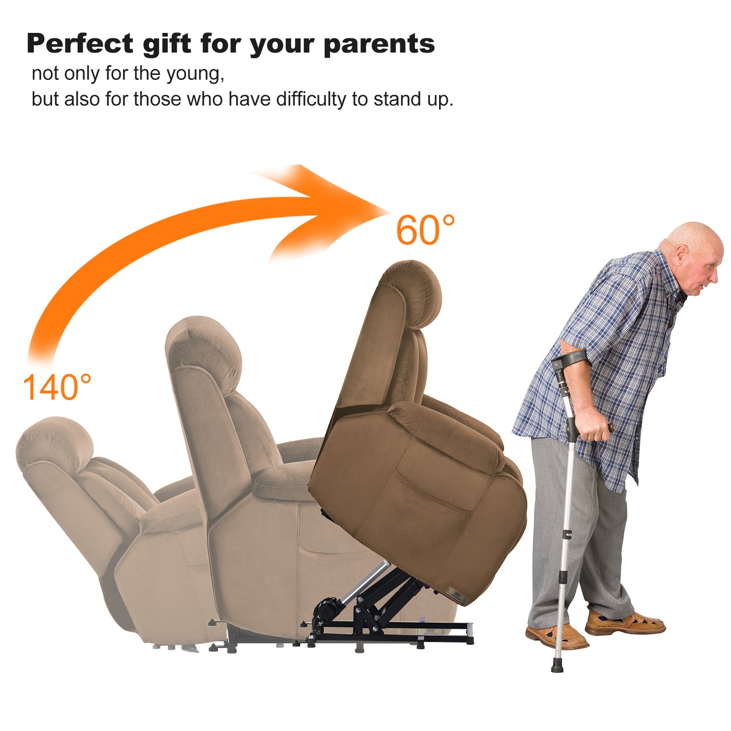 Brown power lift recliner chair assisting an elderly man with a cane to stand