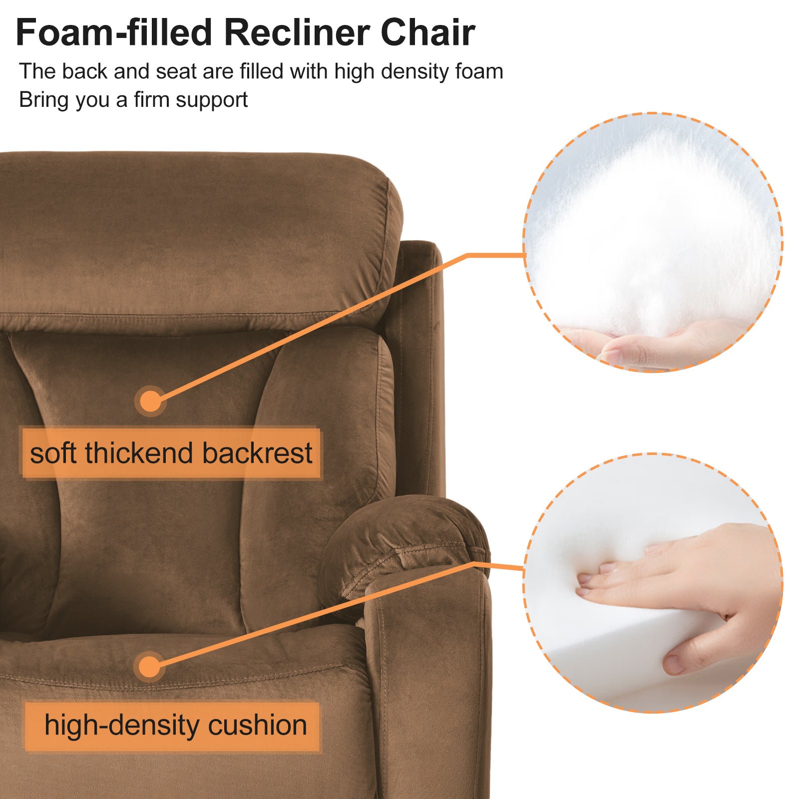 Brown upholstered recliner chair with detailed view of highdensity foam cushion