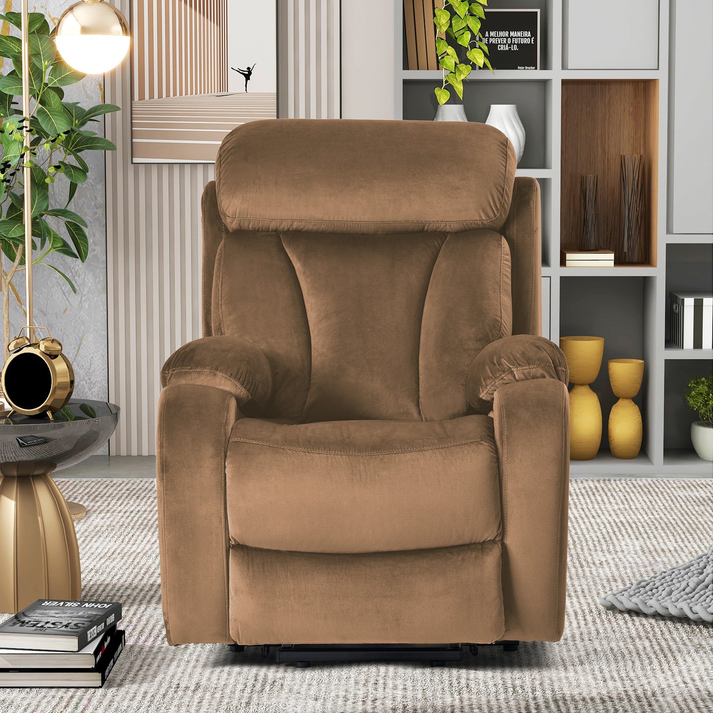 Plush brown recliner chair with padded headrest and armrests perfect for living room comfort