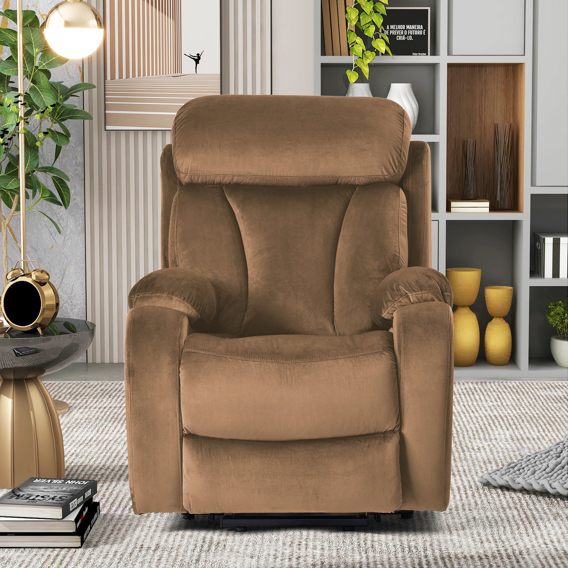 Plush brown recliner chair with padded headrest and armrests perfect for living room comfort