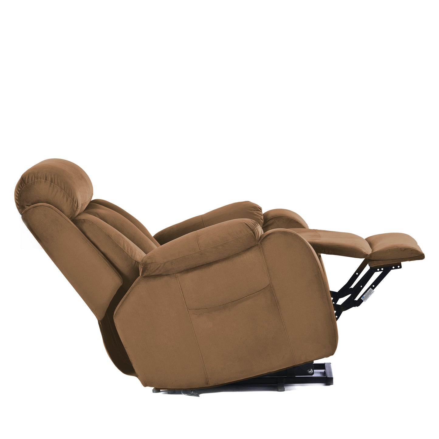 Brown velvet recliner chair with extended footrest and adjustable headrest for ultimate comfort