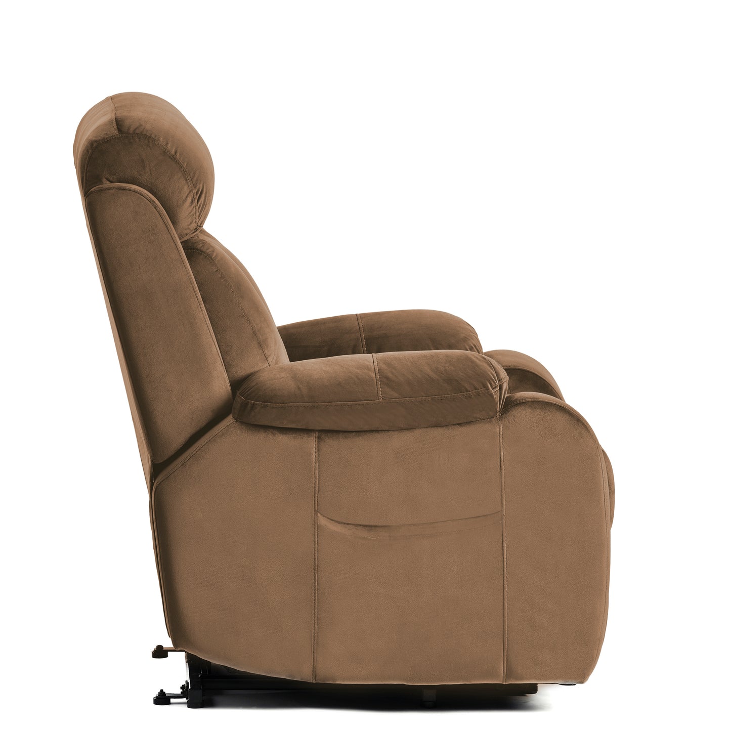 Brown fabric recliner chair with plush headrest and padded armrests perfect for living rooms