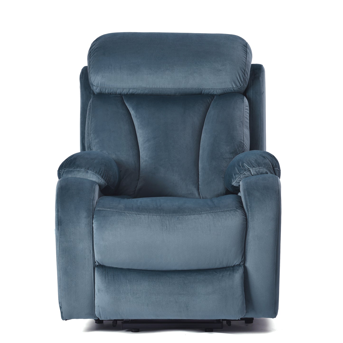 Plush teal velvet recliner with a padded headrest and armrests perfect for home relaxation