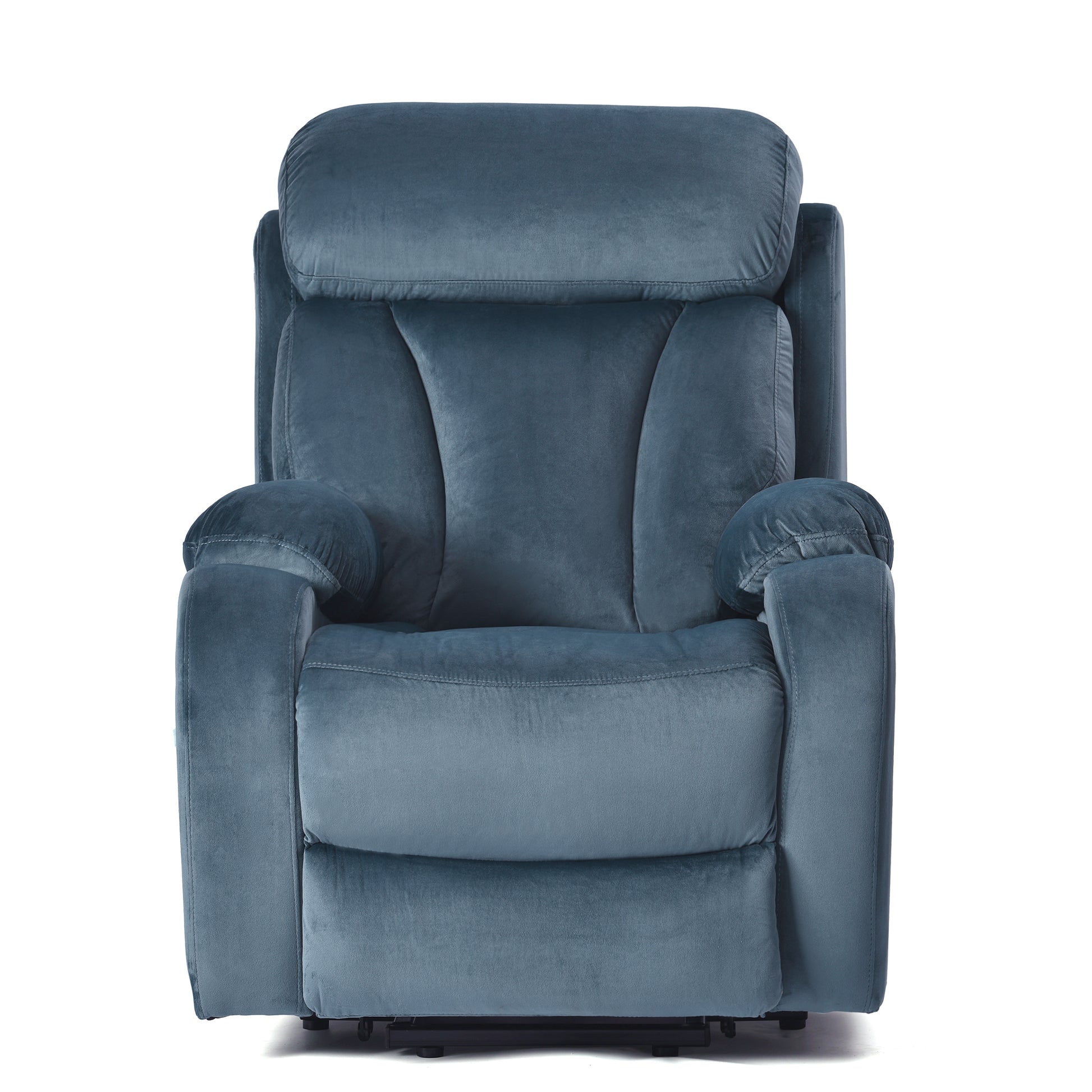 Plush teal velvet recliner with a padded headrest and armrests perfect for home relaxation
