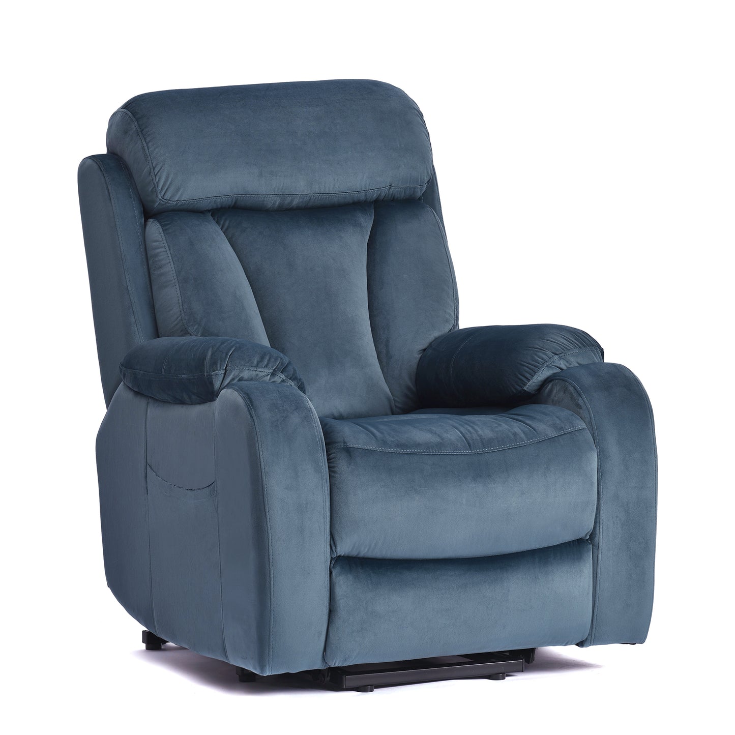 Plush blue velvet recliner chair with padded headrest and armrests for ultimate comfort