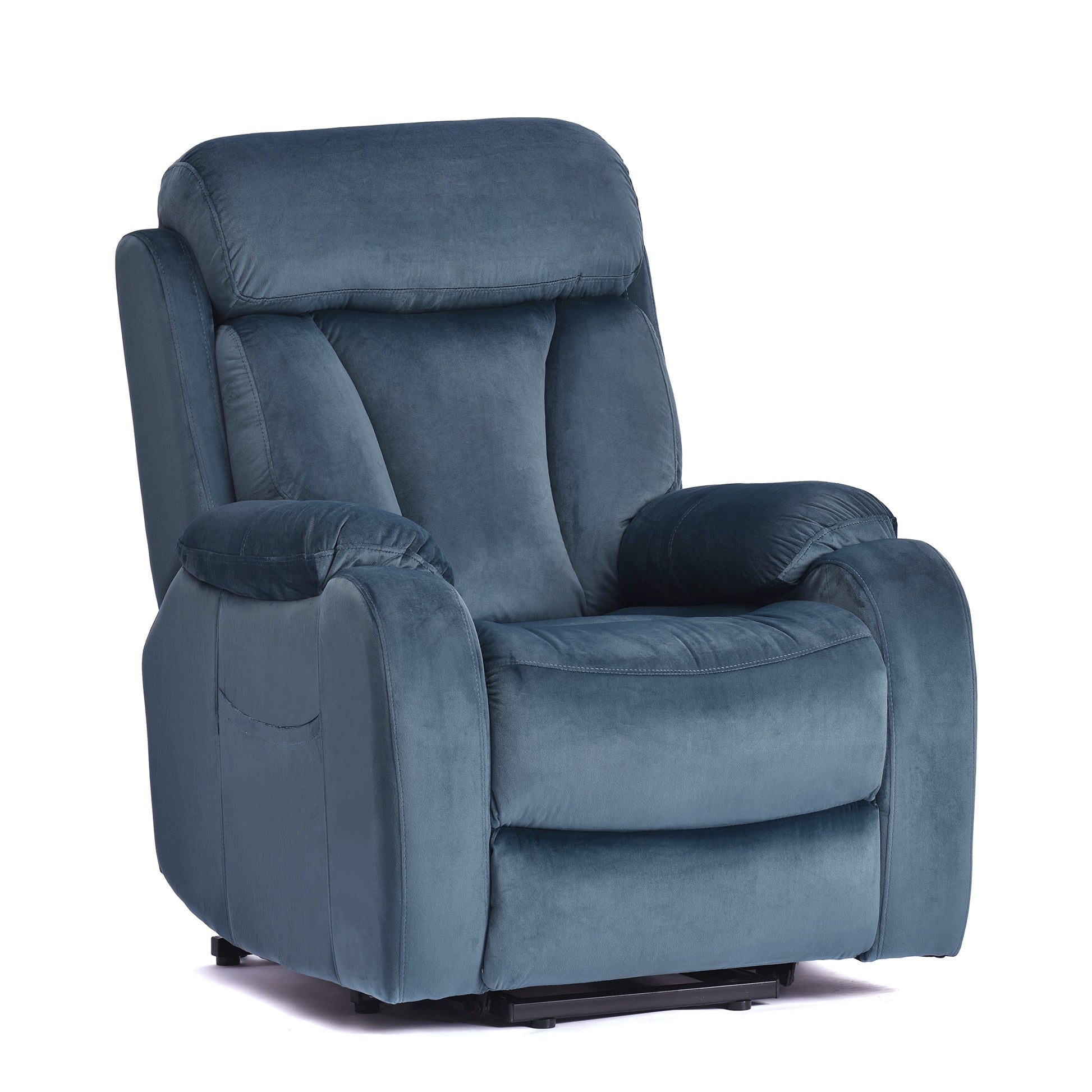 Plush blue velvet recliner chair with padded headrest and armrests for ultimate comfort