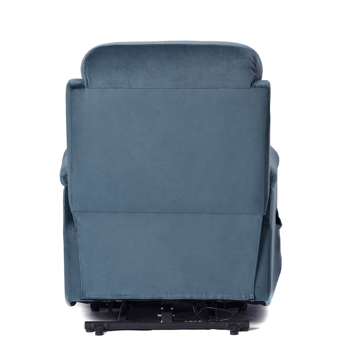 Back view of a plush teal velvet recliner chair with visible motor mechanism