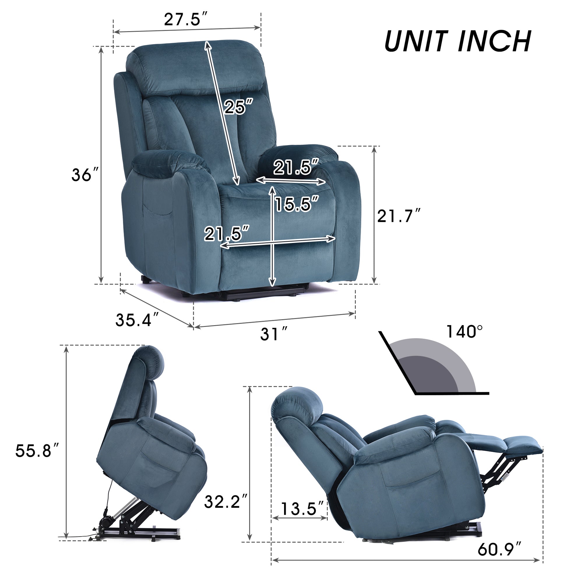 Blue velvet power lift recliner chair with detailed dimensions shown in inches