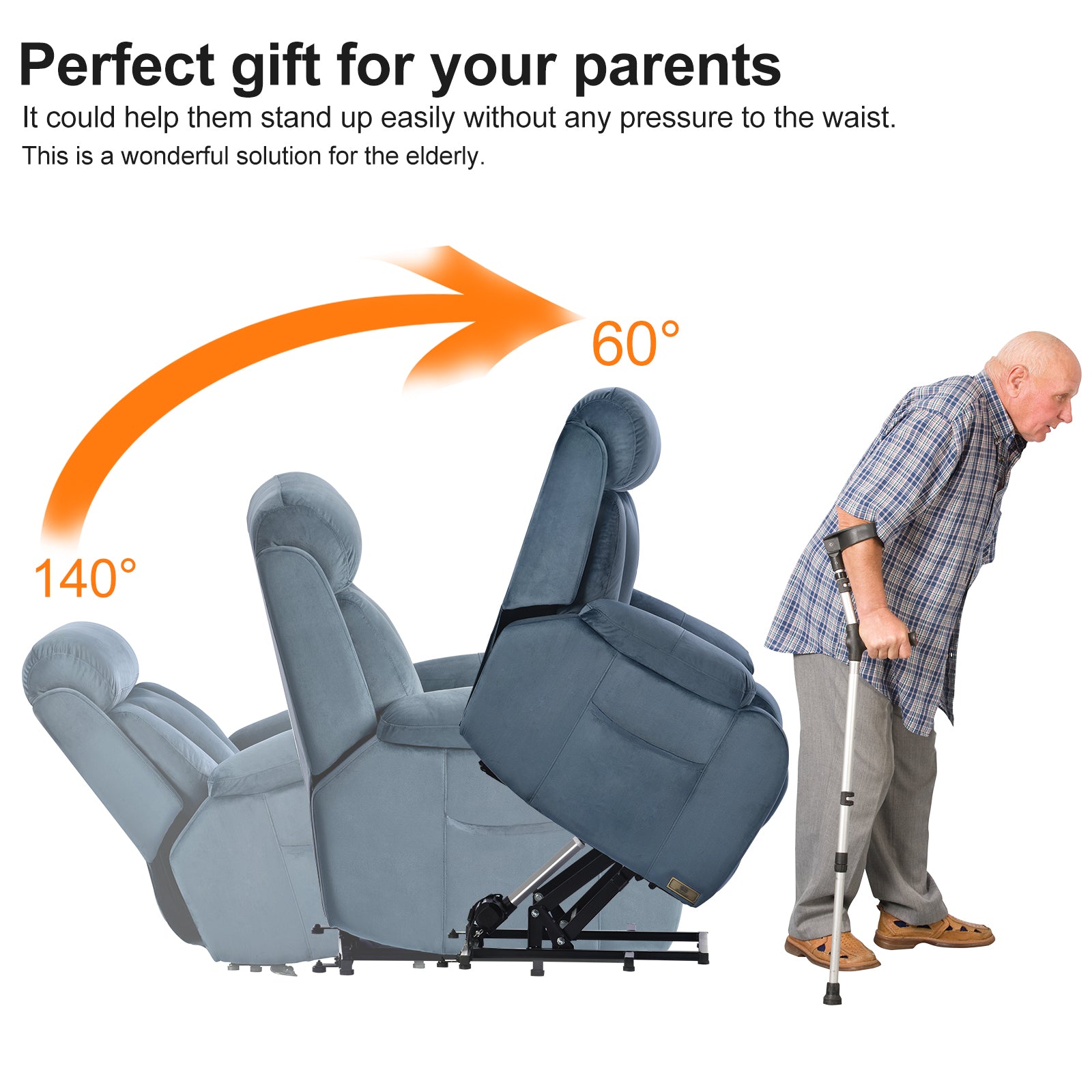 Blue velvet lift chair demonstrating degree recline for easy standing