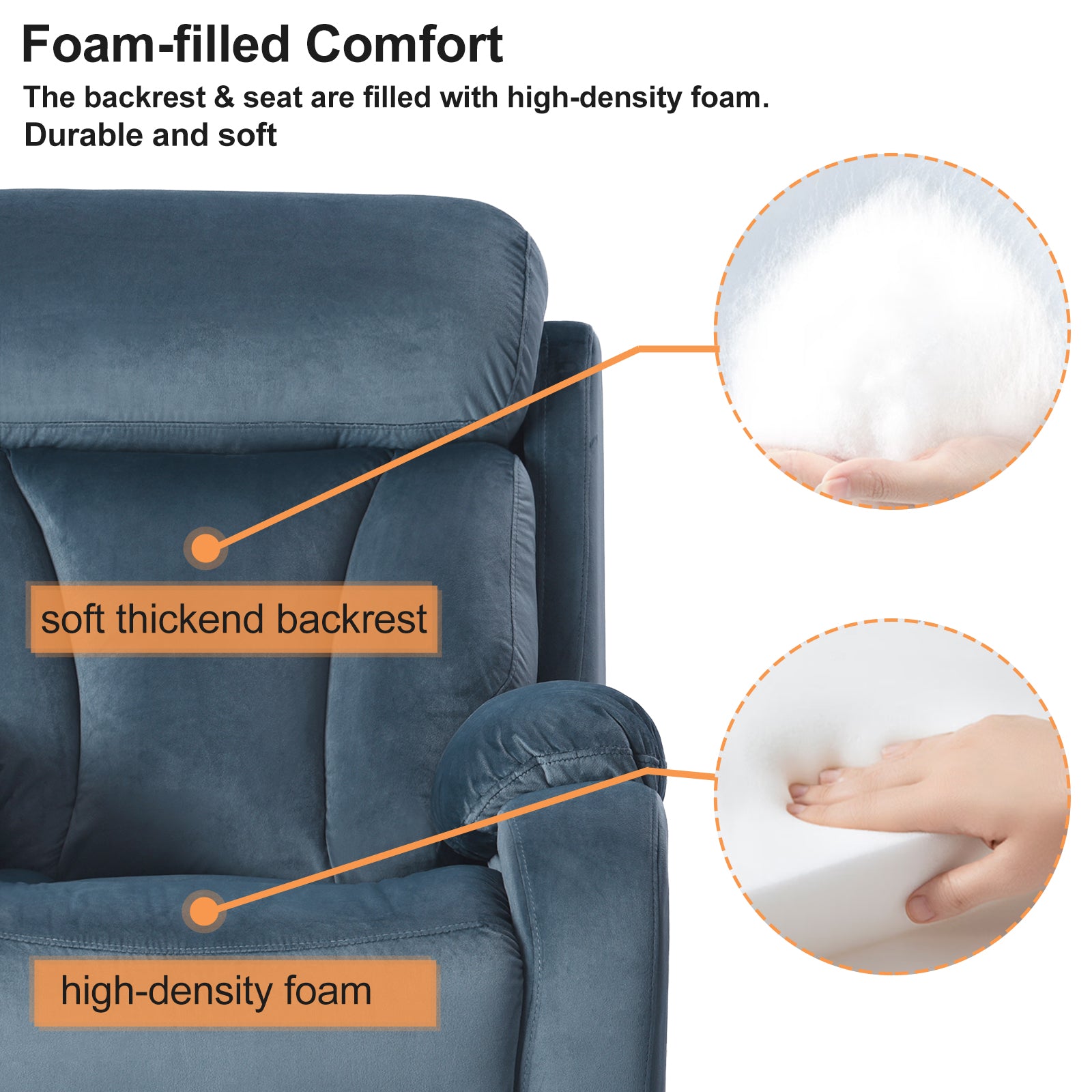 Closeup of plush blue armchair with a soft thickened backrest for comfort