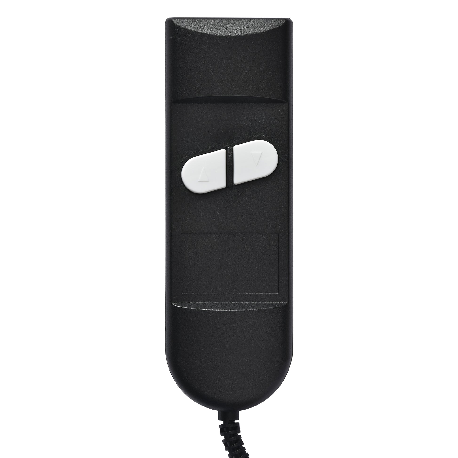 Black recliner remote with two white buttons up and down arrows