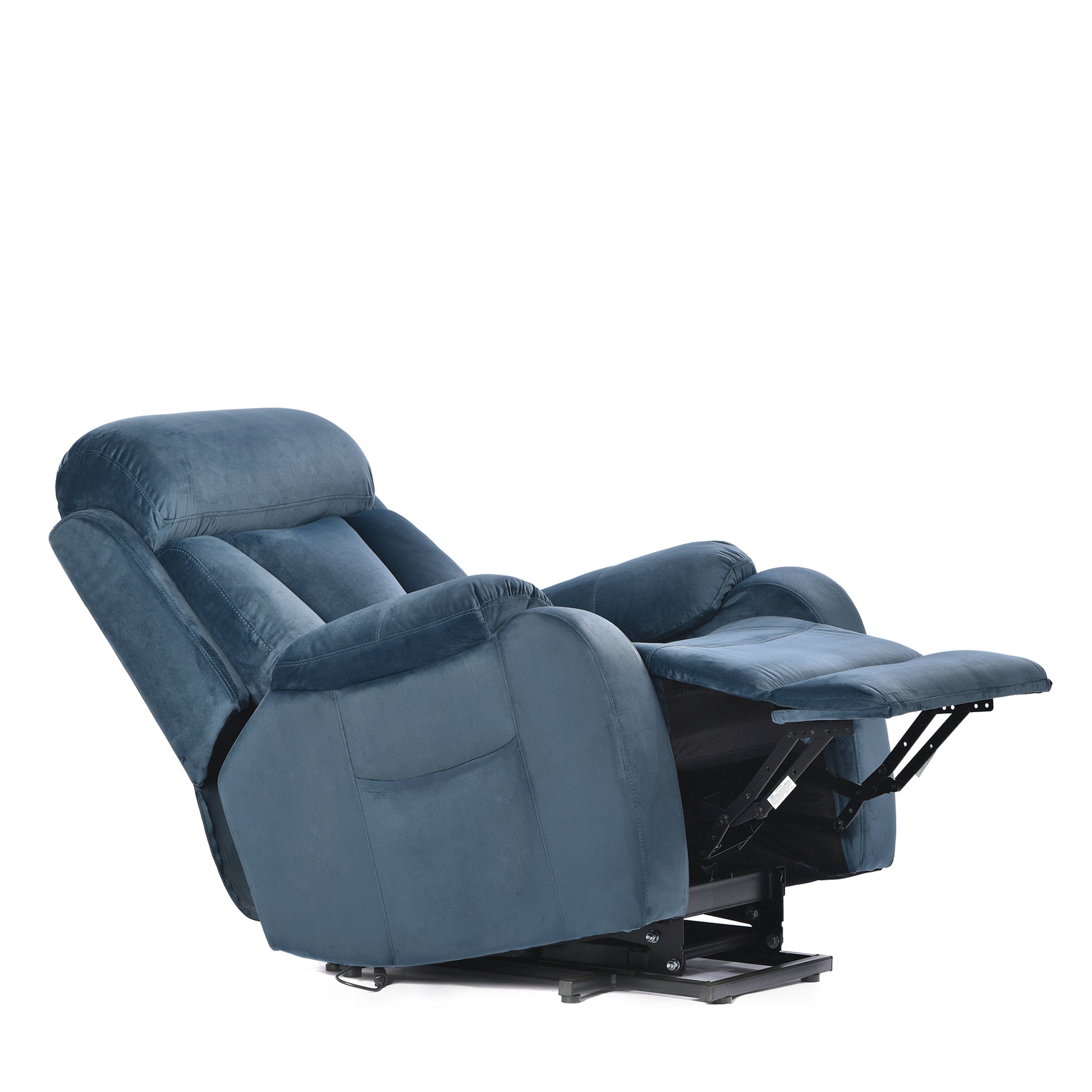 Plush blue velvet recliner chair with extended footrest and reclining mechanism