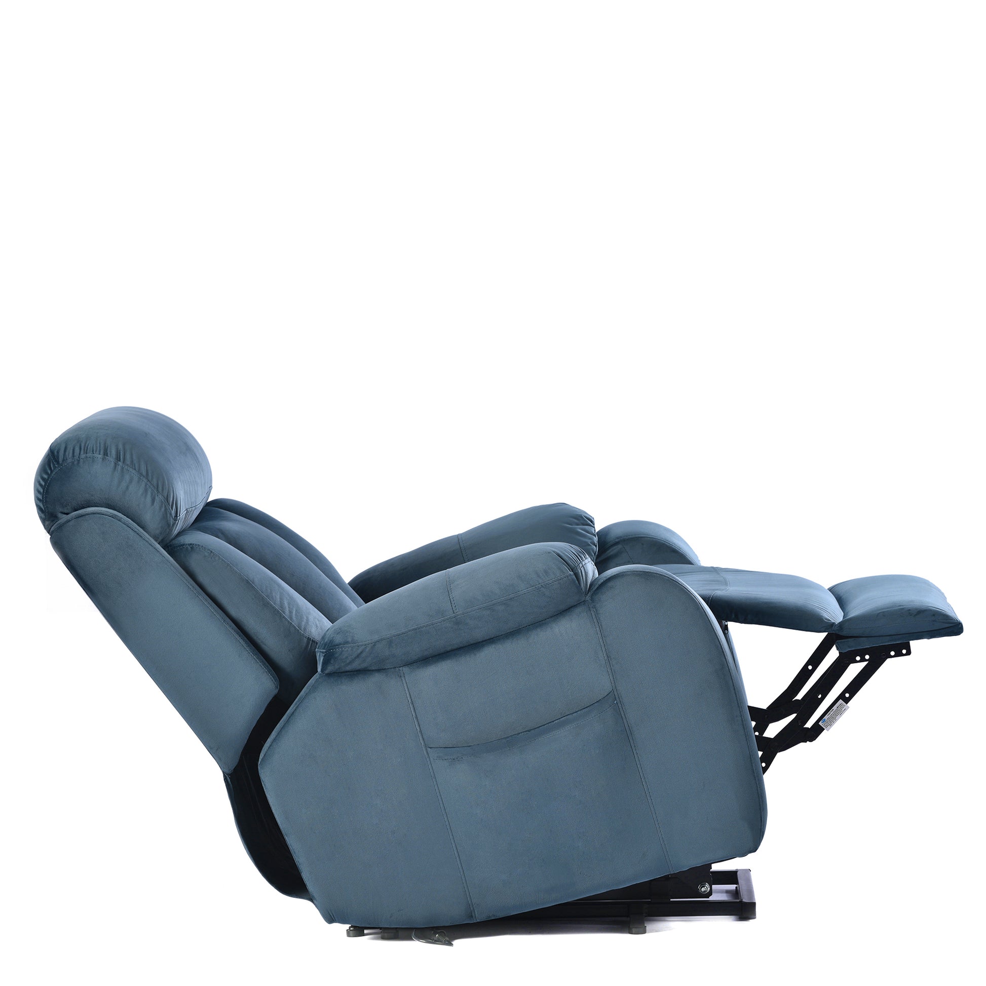 Blue velvet recliner chair with extended footrest and plush headrest for ultimate comfort