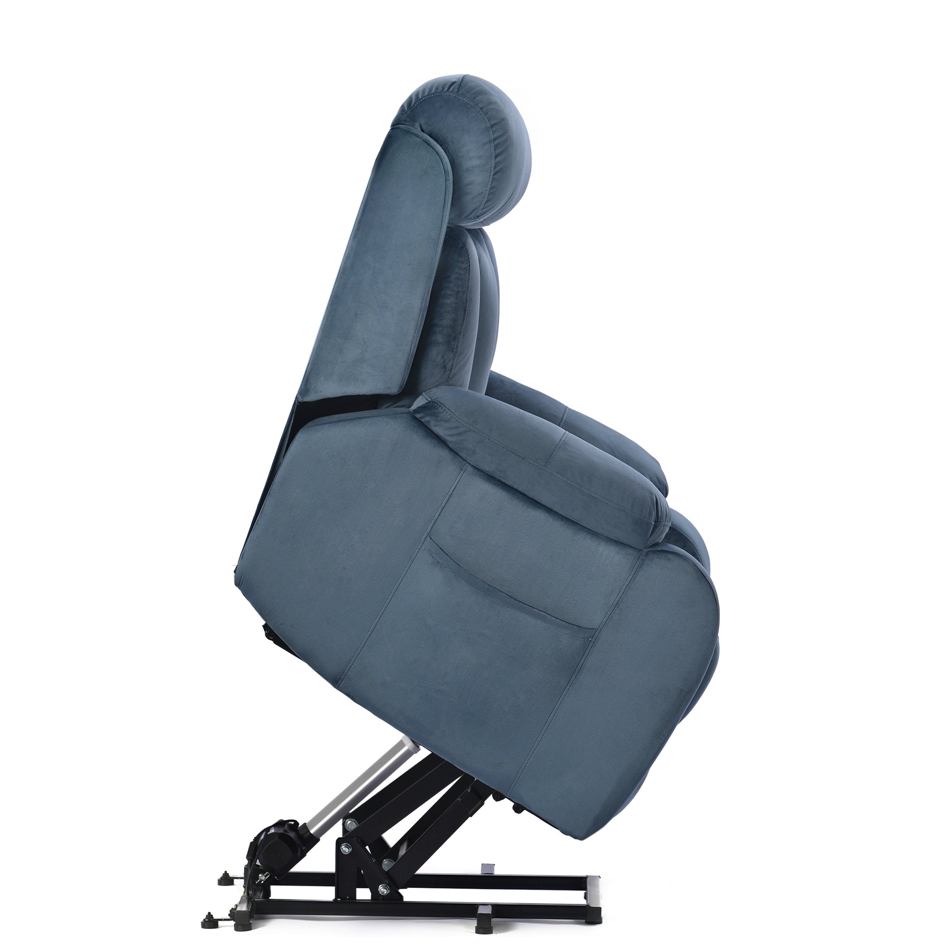 Comfortable grey velvet lift chair with plush headrest and padded armrests side view
