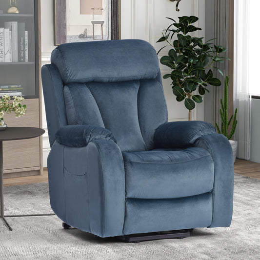 Plush blue velvet recliner with deep cushioning for ultimate relaxation