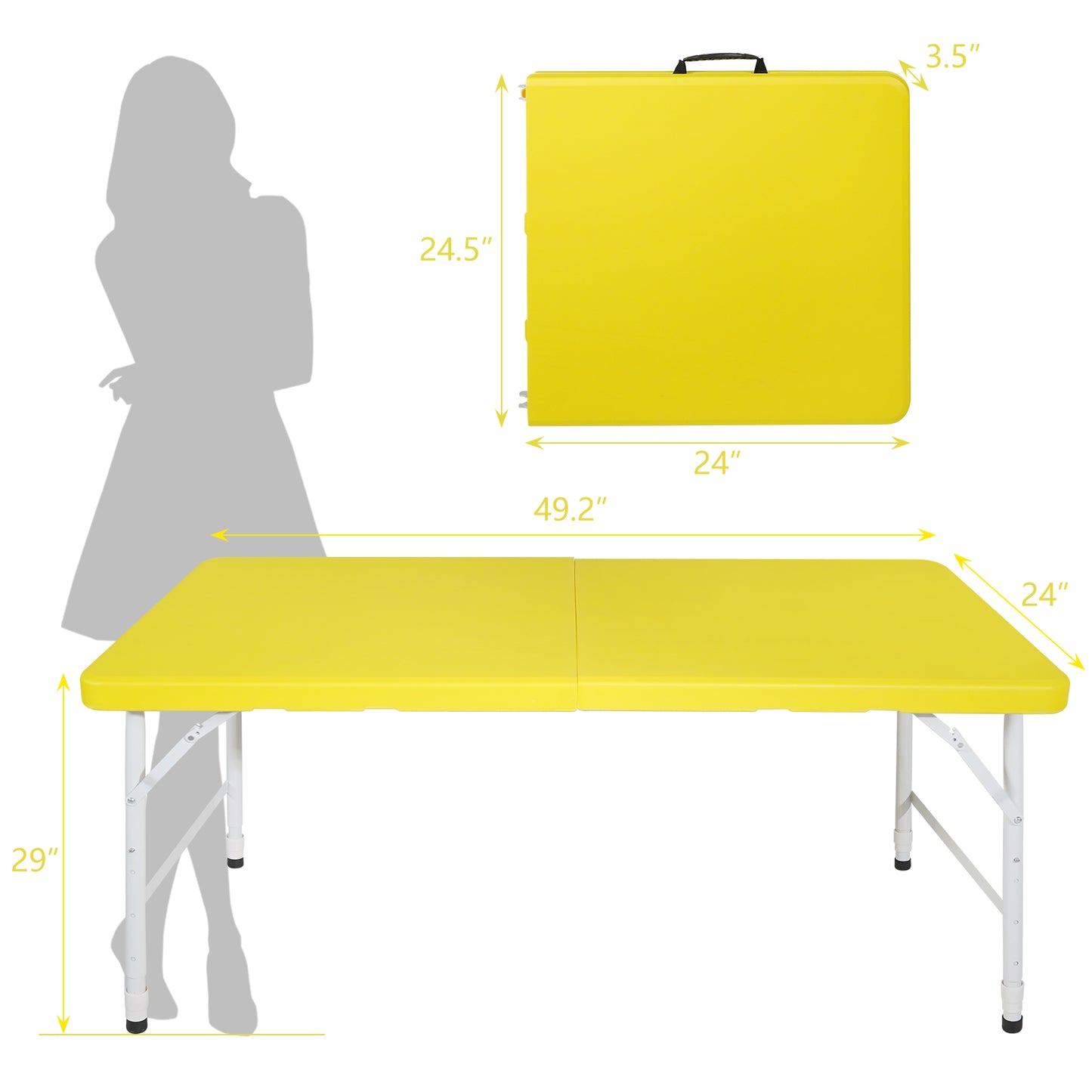 Yellow folding table  L x  W with adjustable height legs for versatile use