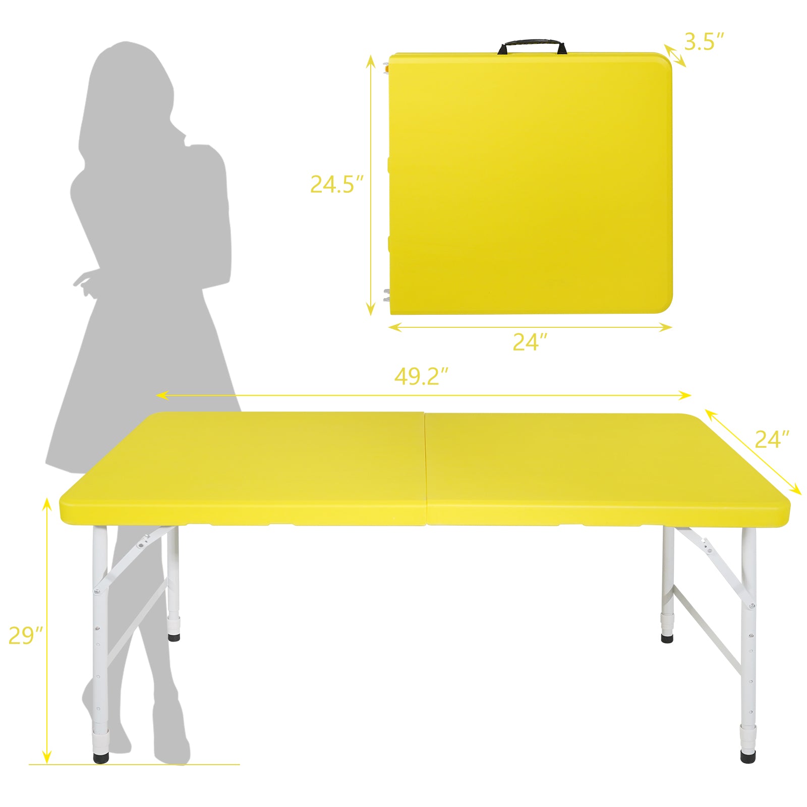 Yellow folding table  L x  W with adjustable height legs for versatile use