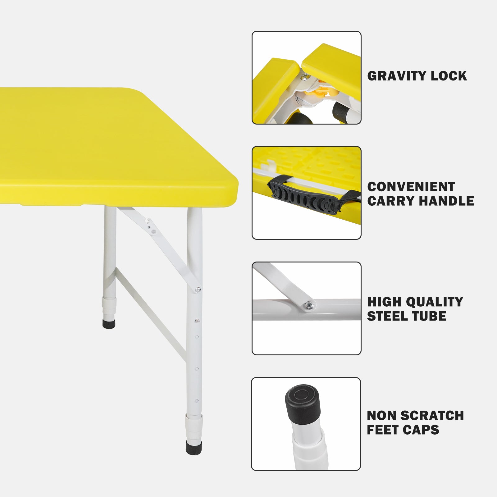 Yellow plastic folding table with adjustable height white legs and nonslip feet
