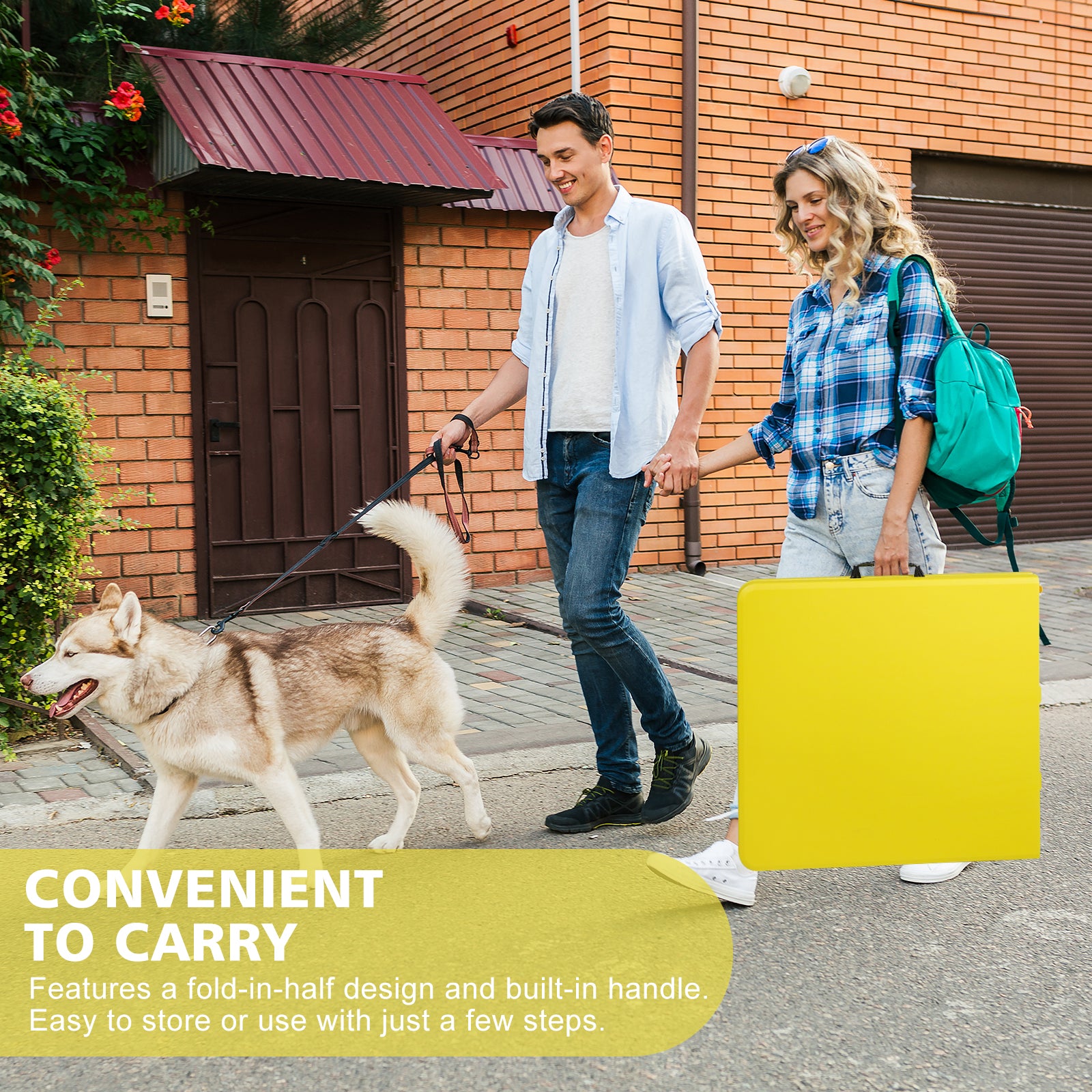 Bright yellow foldable picnic table with handle convenient for outdoor use