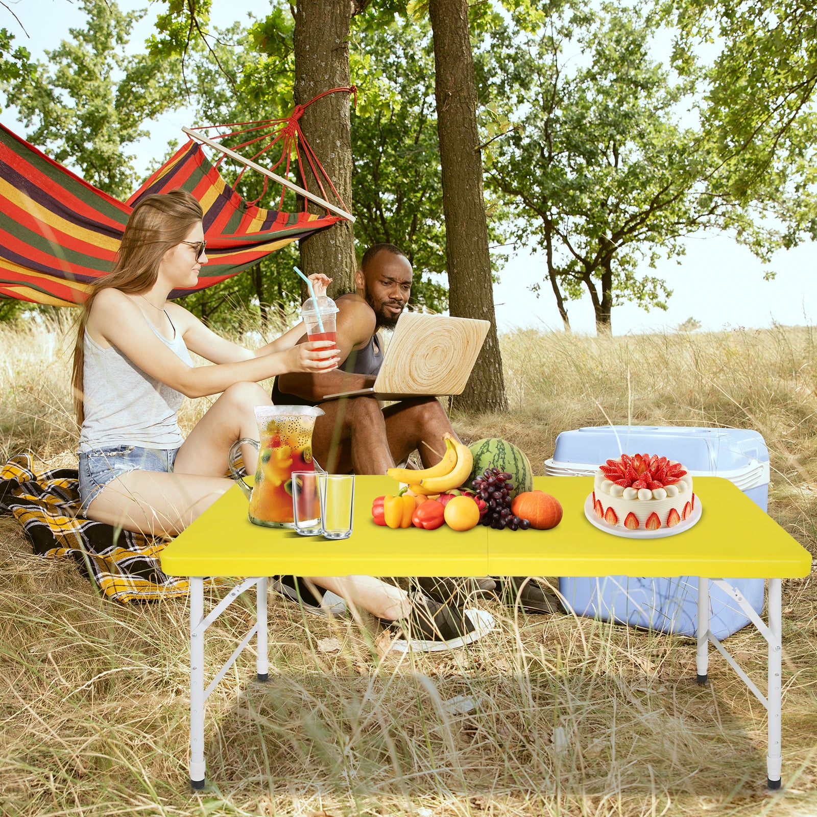 Compact folding picnic table bright yellow portable and durable for outdoor events