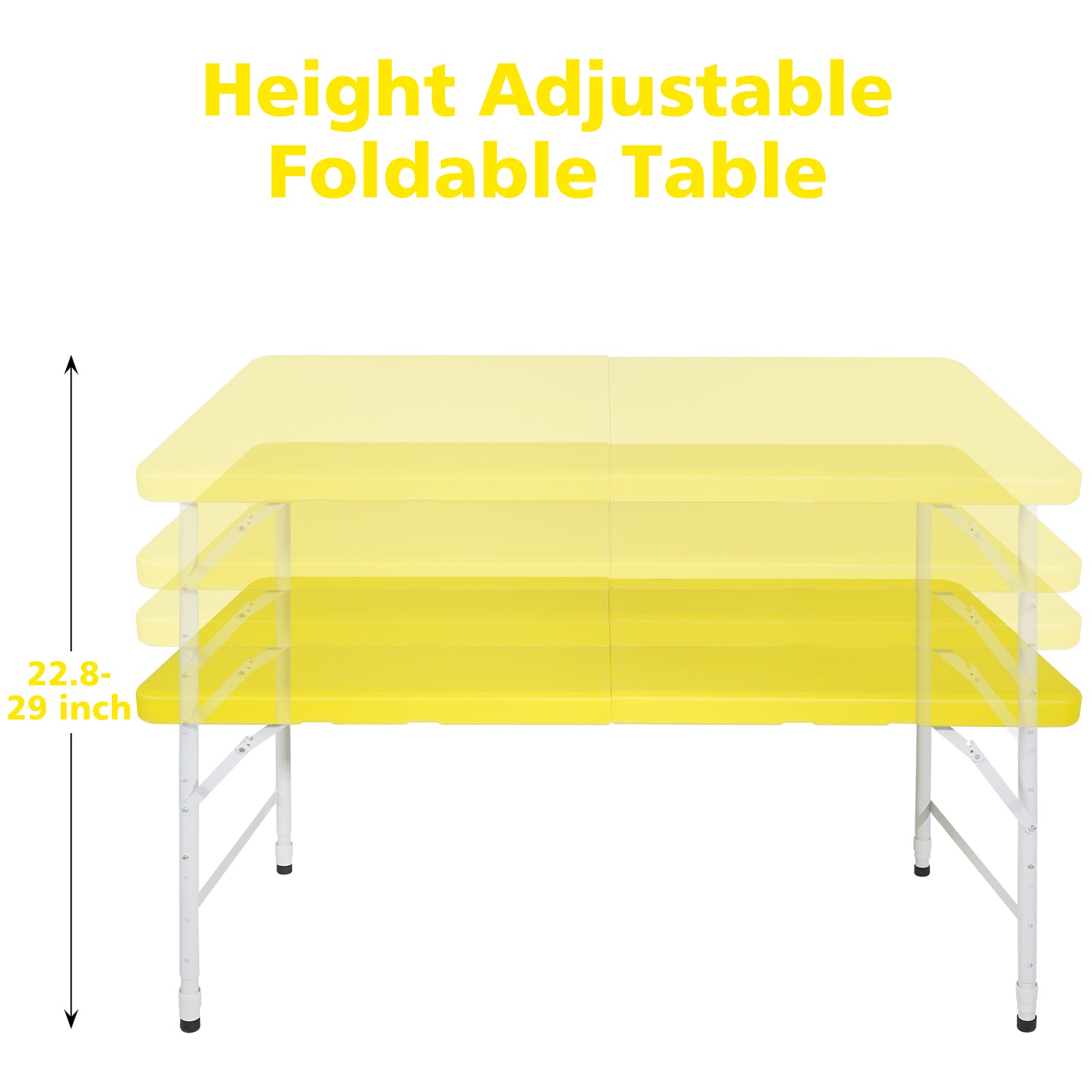 Yellow height adjustable foldable table with white metal legs  inches adjustable height