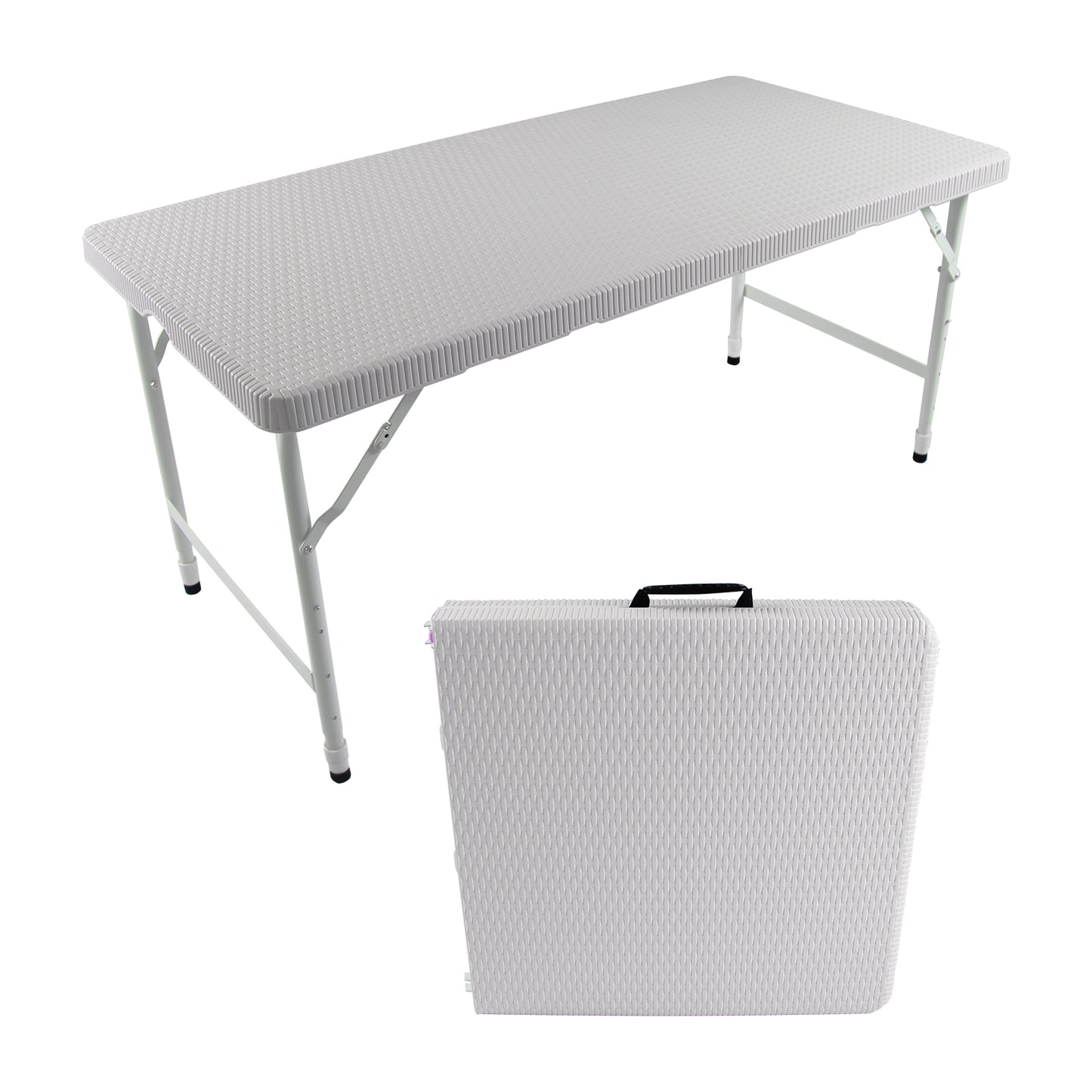 White folding picnic table with textured surface and metal legs