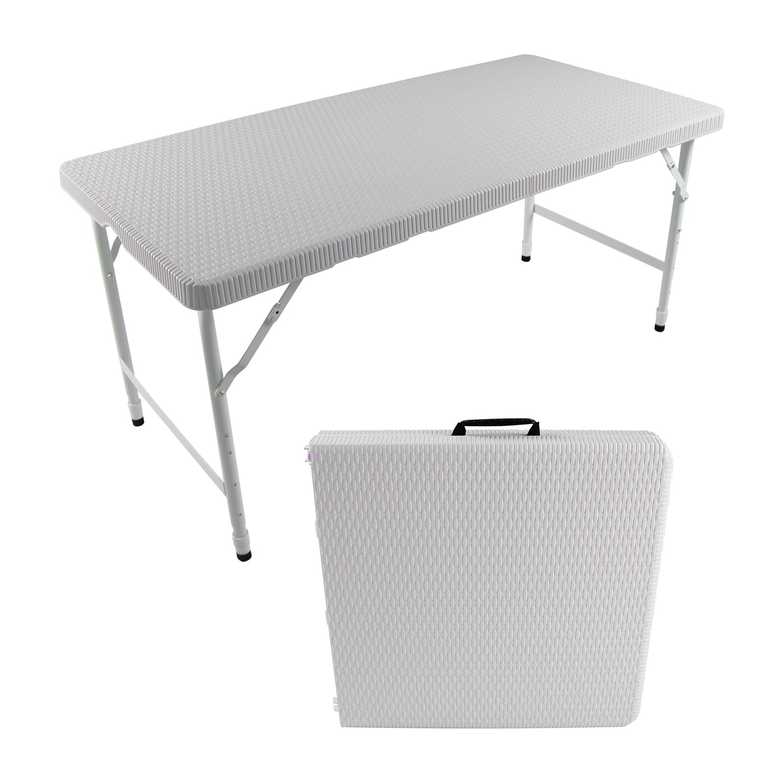 White folding picnic table with textured surface and metal legs