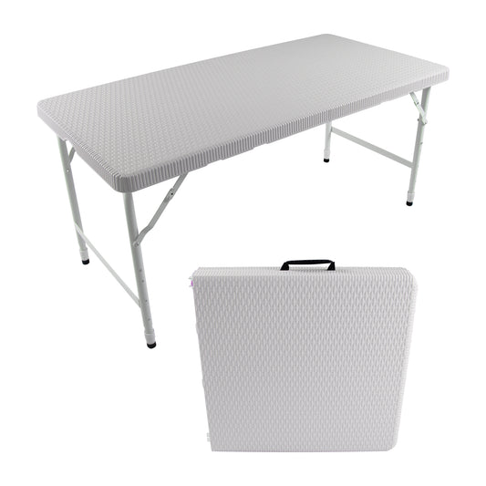 White folding picnic table with textured surface and metal legs