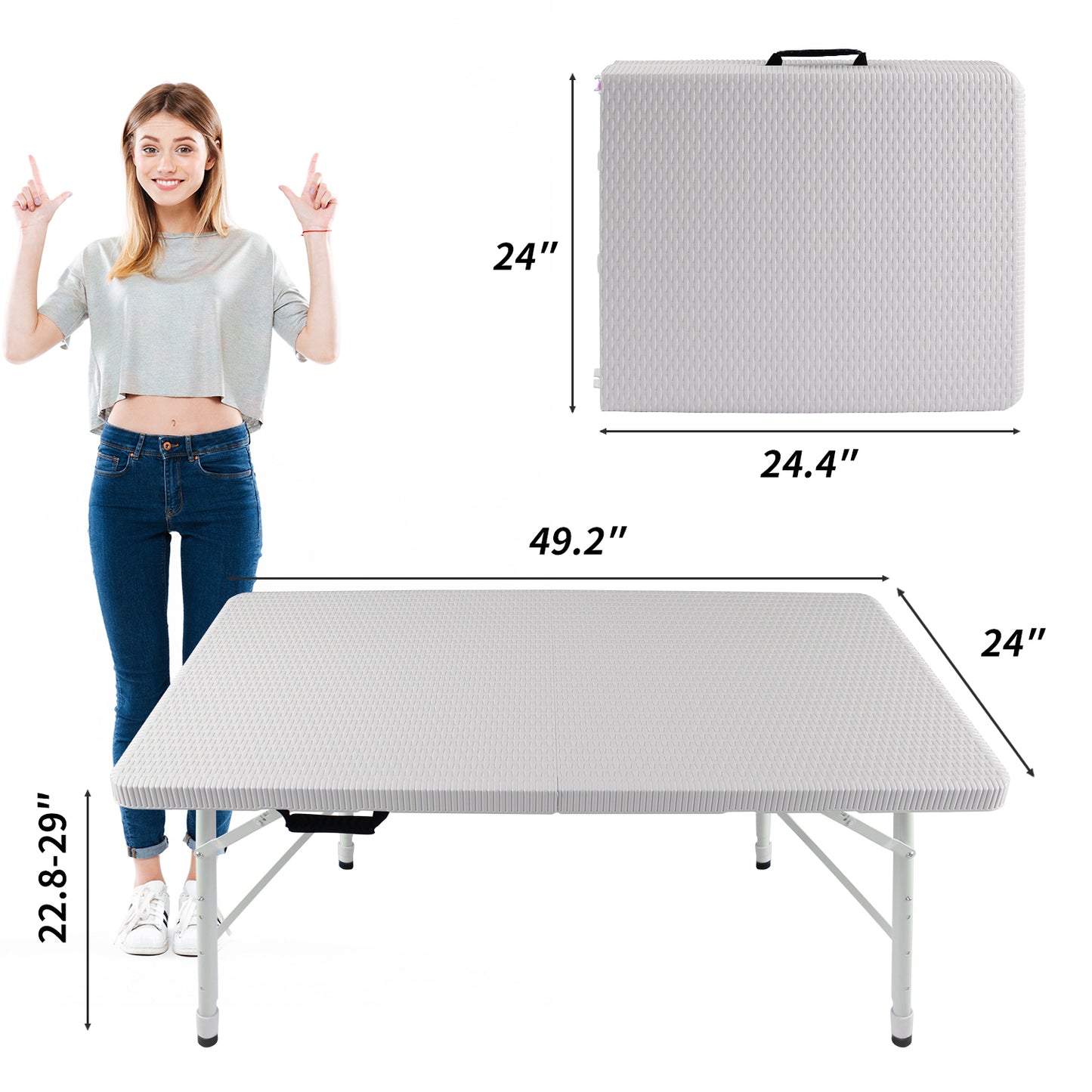 White folding table  inches long with textured surface and adjustable legs
