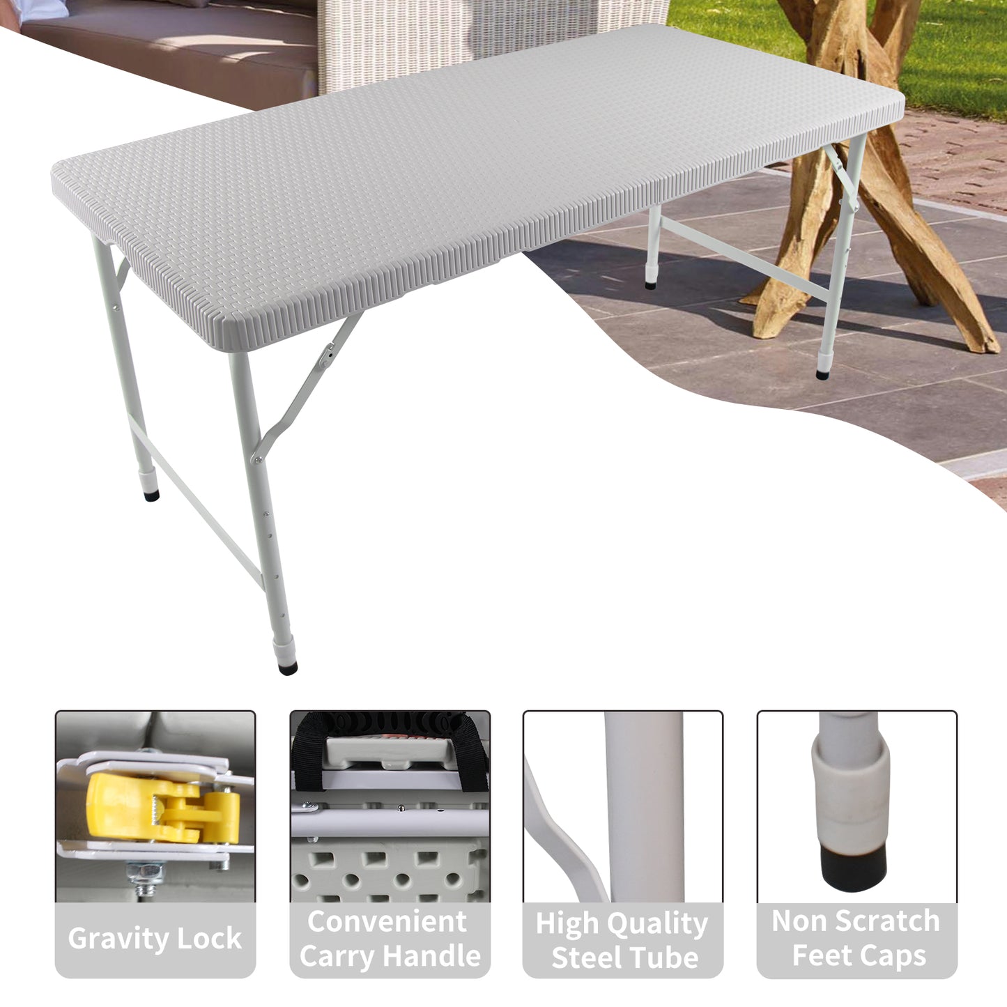 White folding party table with textured top and sturdy metal legs