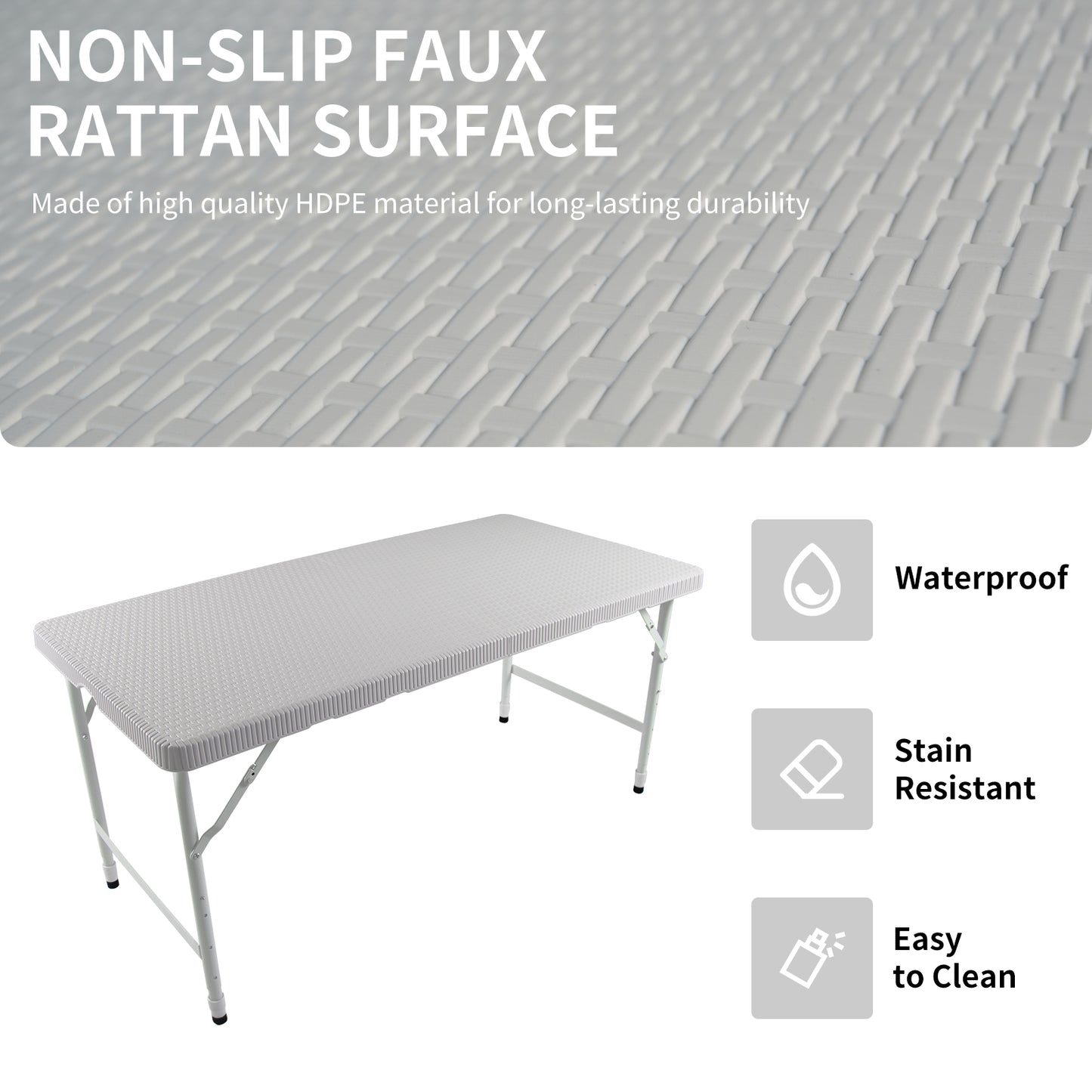 White HDPE folding table with nonslip faux rattan surface for outdoor use