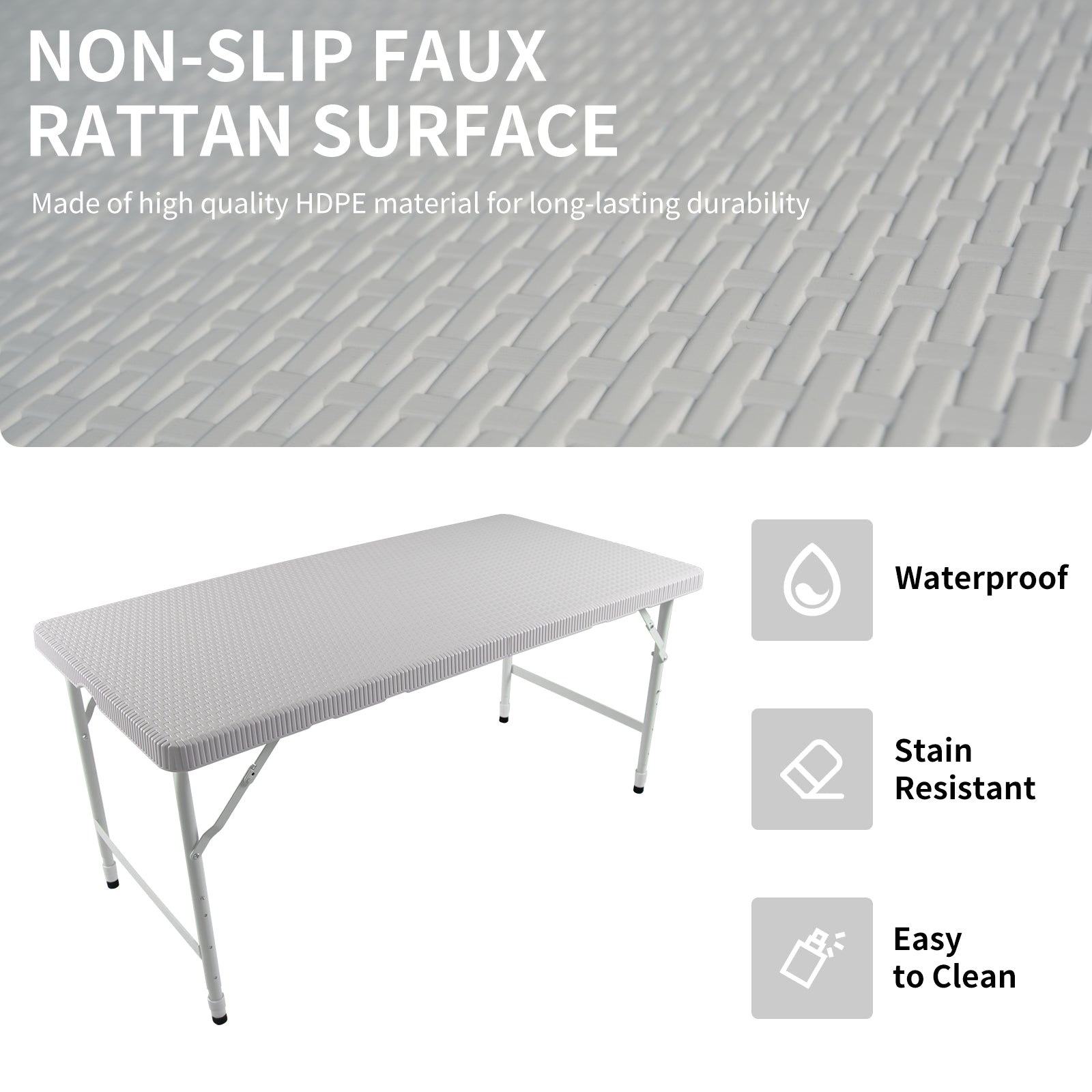 White HDPE folding table with nonslip faux rattan surface for outdoor use