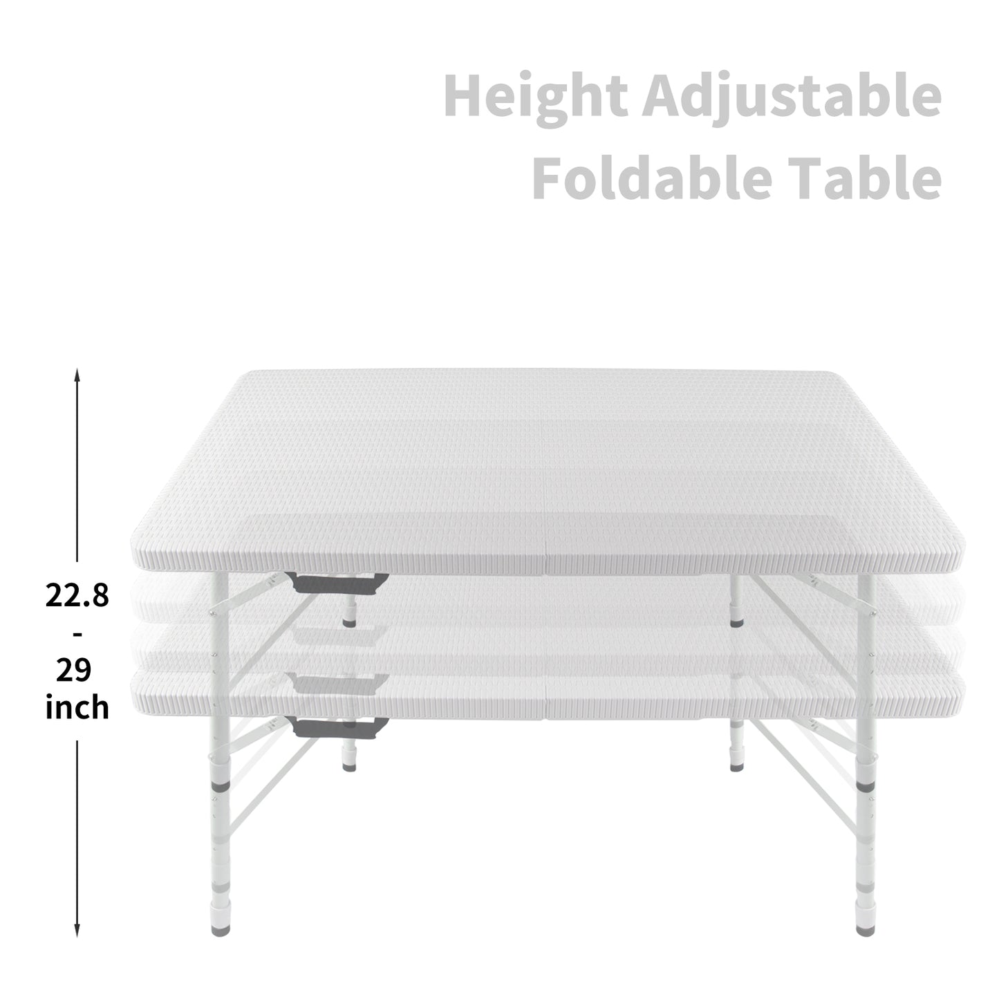 White height adjustable foldable table with textured surface and metal legs