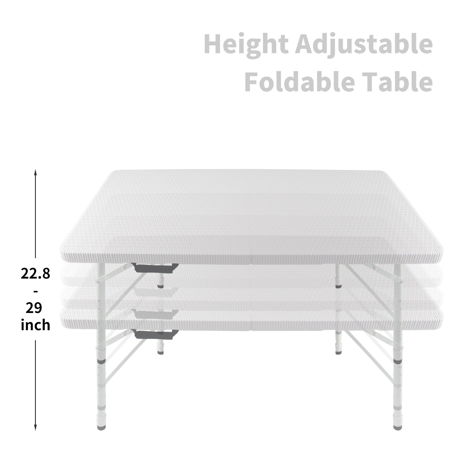 White height adjustable foldable table with textured surface and metal legs