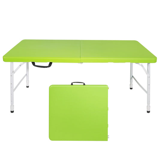 Bright green foldable picnic table set up with folded table beside it
