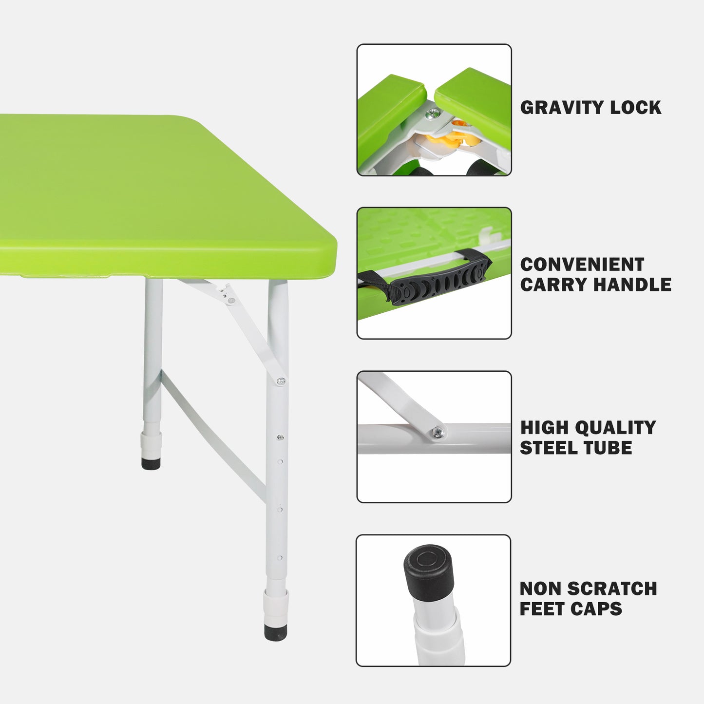 Light green plastic folding table with adjustable height steel legs