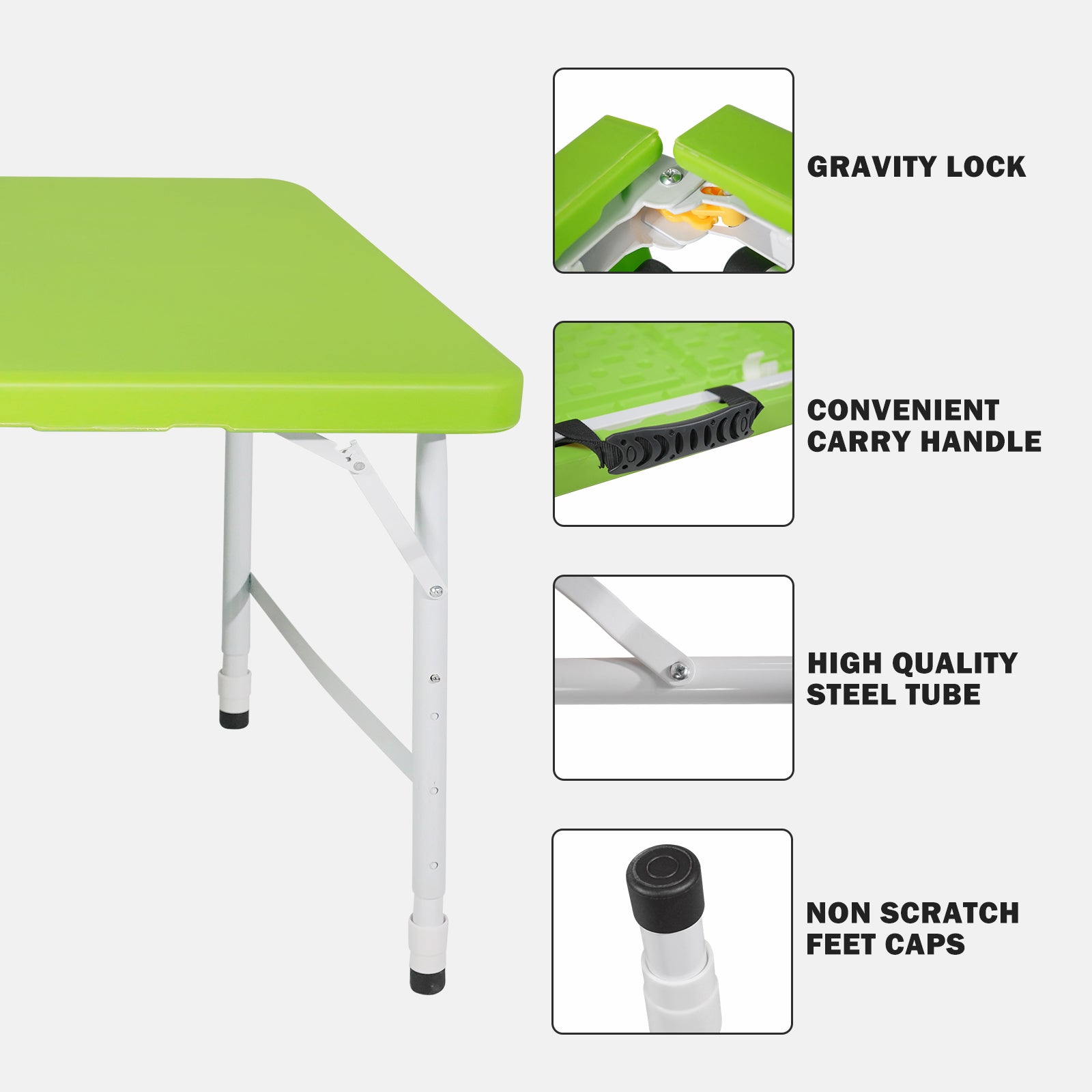Light green plastic folding table with adjustable height steel legs